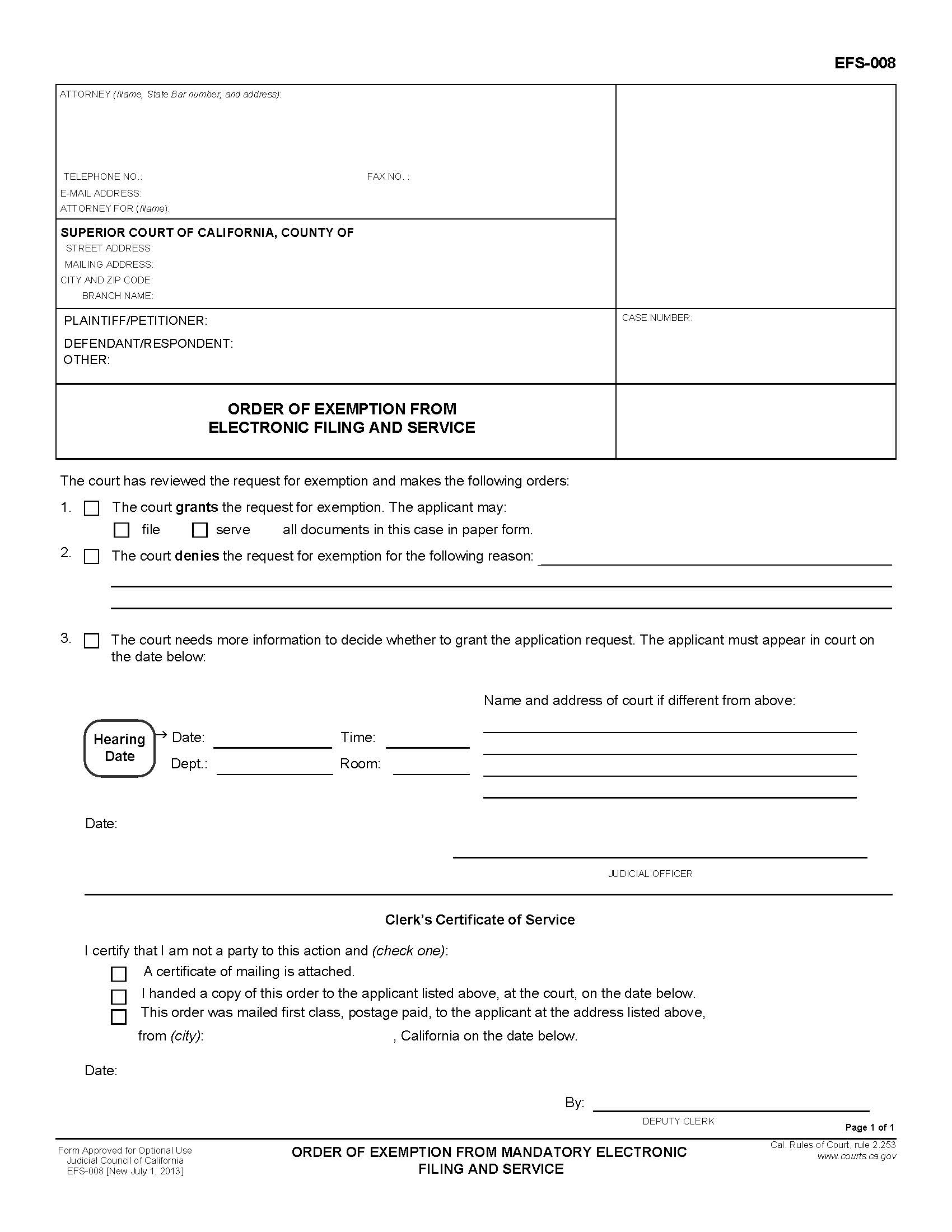 Order Of Exemption From Mandatory Electronic Filing And Service {EFS-008} | Pdf Fpdf Docx | California