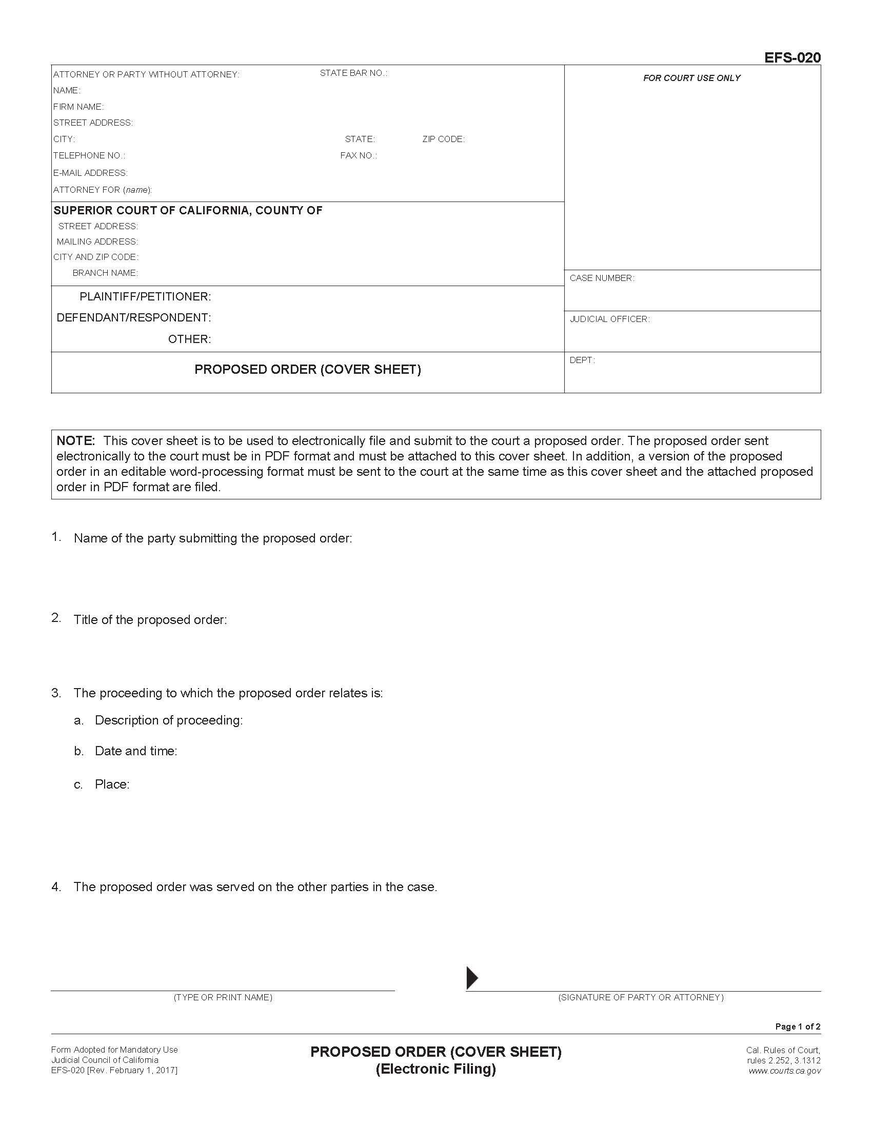 Proposed Order (Cover Sheet) {EFS-020} | Pdf Fpdf Docx | California