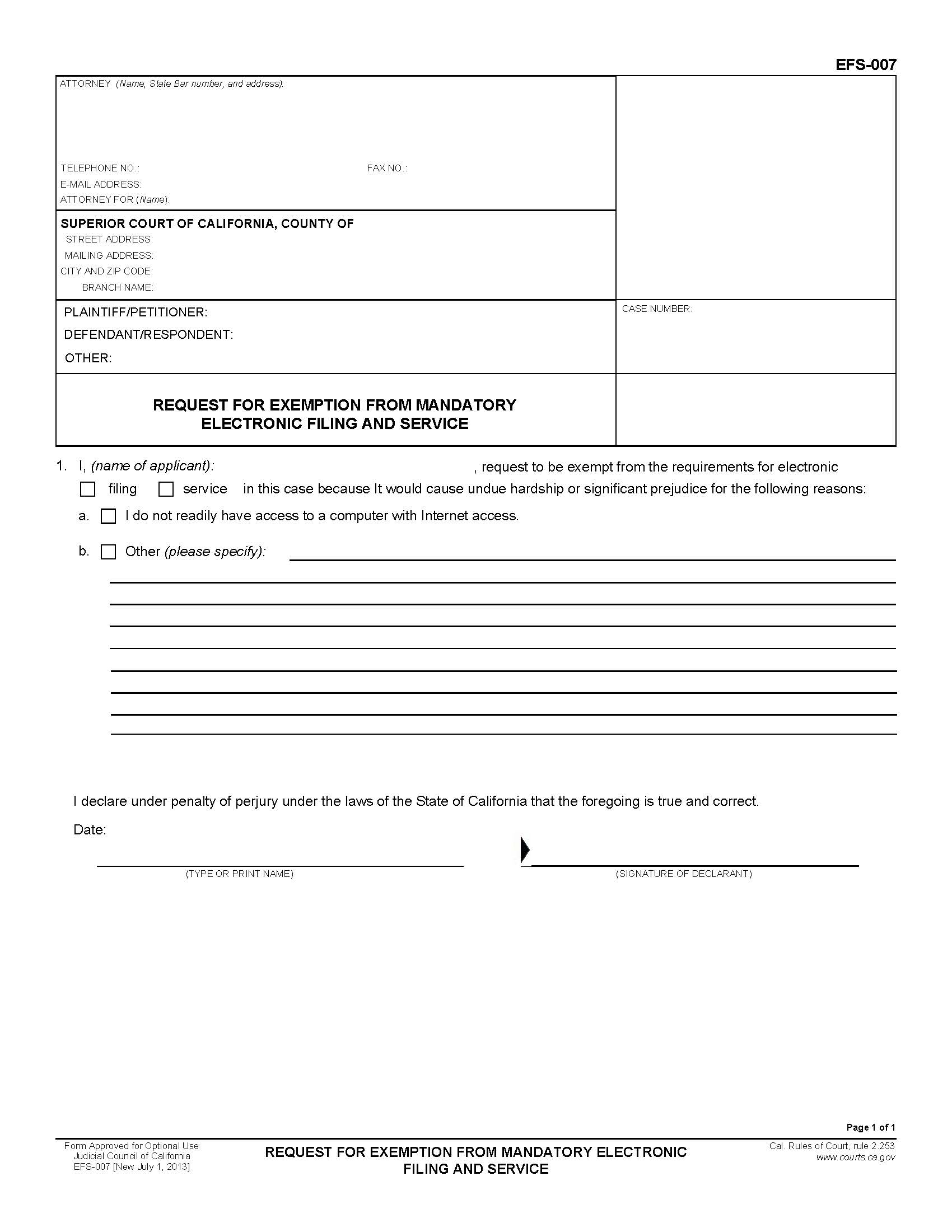 Request For Exemption From Mandatory Electronic Filing And Service {EFS-007} | Pdf Fpdf Docx | California