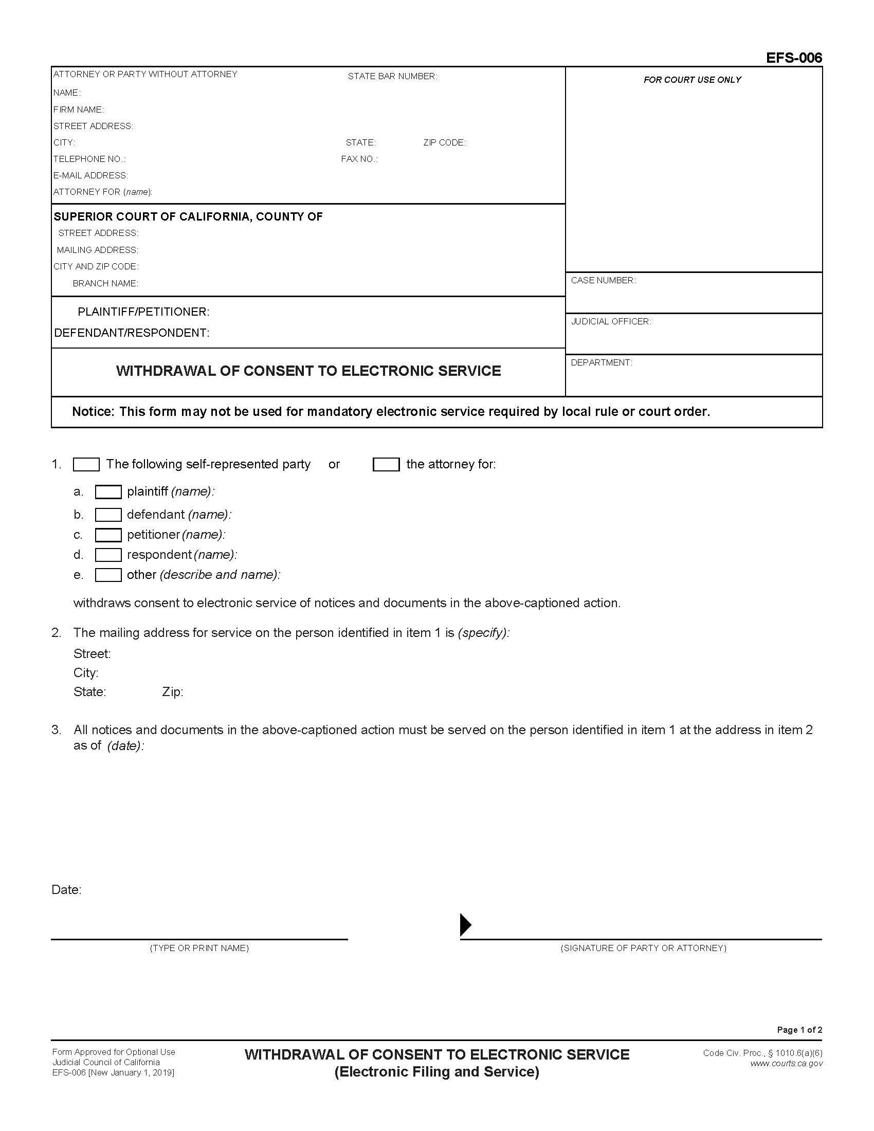 Withdrawal Of Consent To Electronic Service {EFS-006} | Pdf Fpdf Docx | California