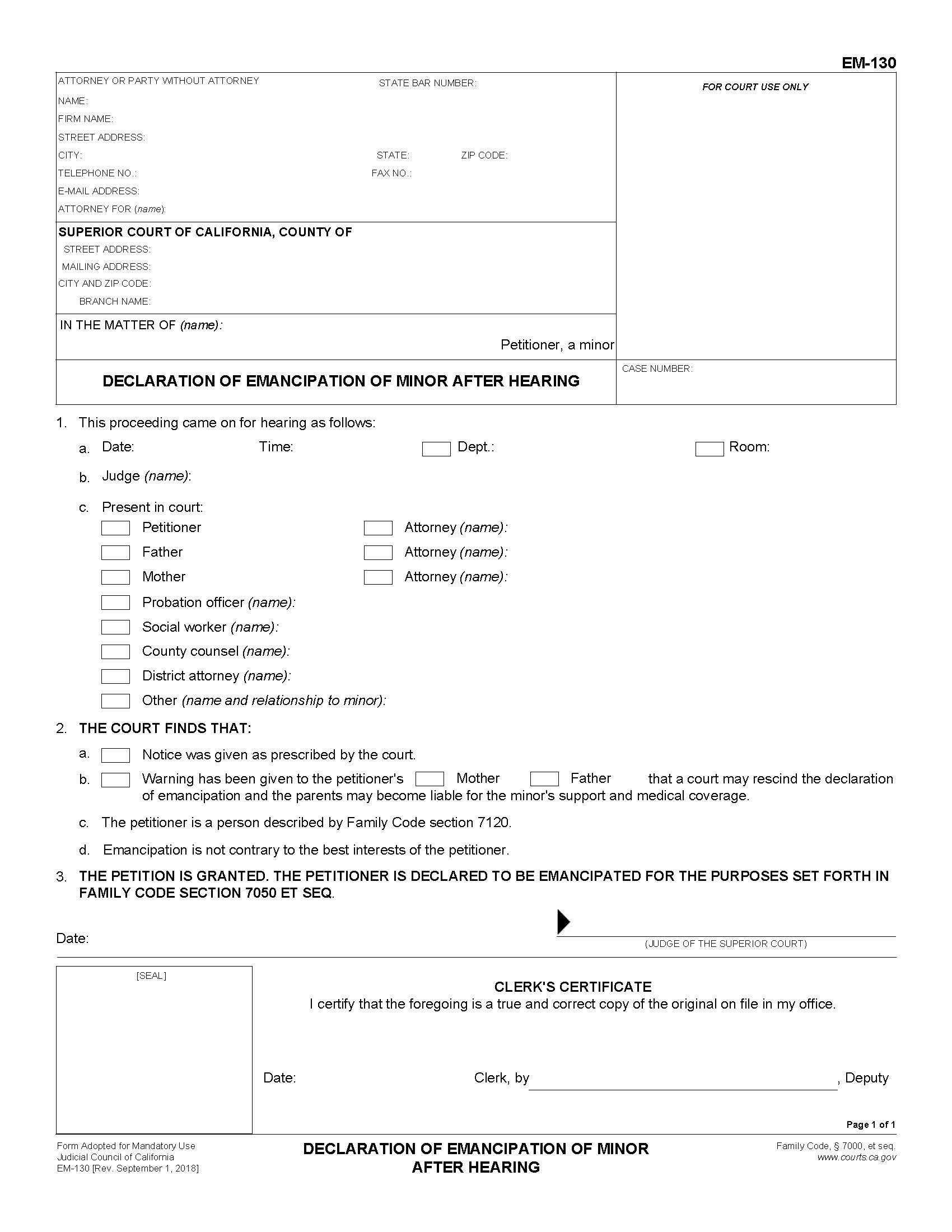Declaration Of Emancipation Of Minor After Hearing {EM-130} | Pdf Fpdf Docx | California