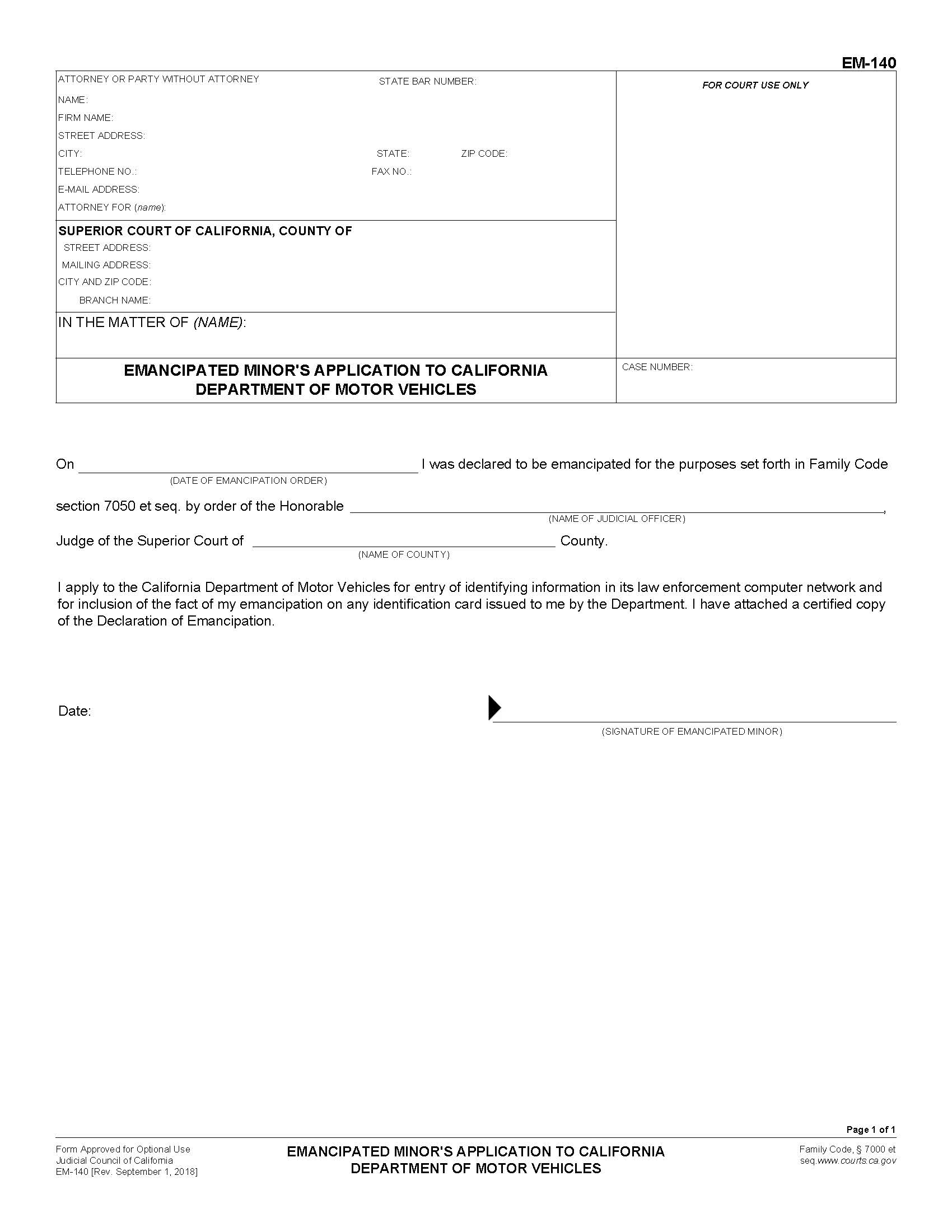 Emancipated Minors Application To California Department Of Motor Vehicles {EM-140} | Pdf Fpdf Docx | California