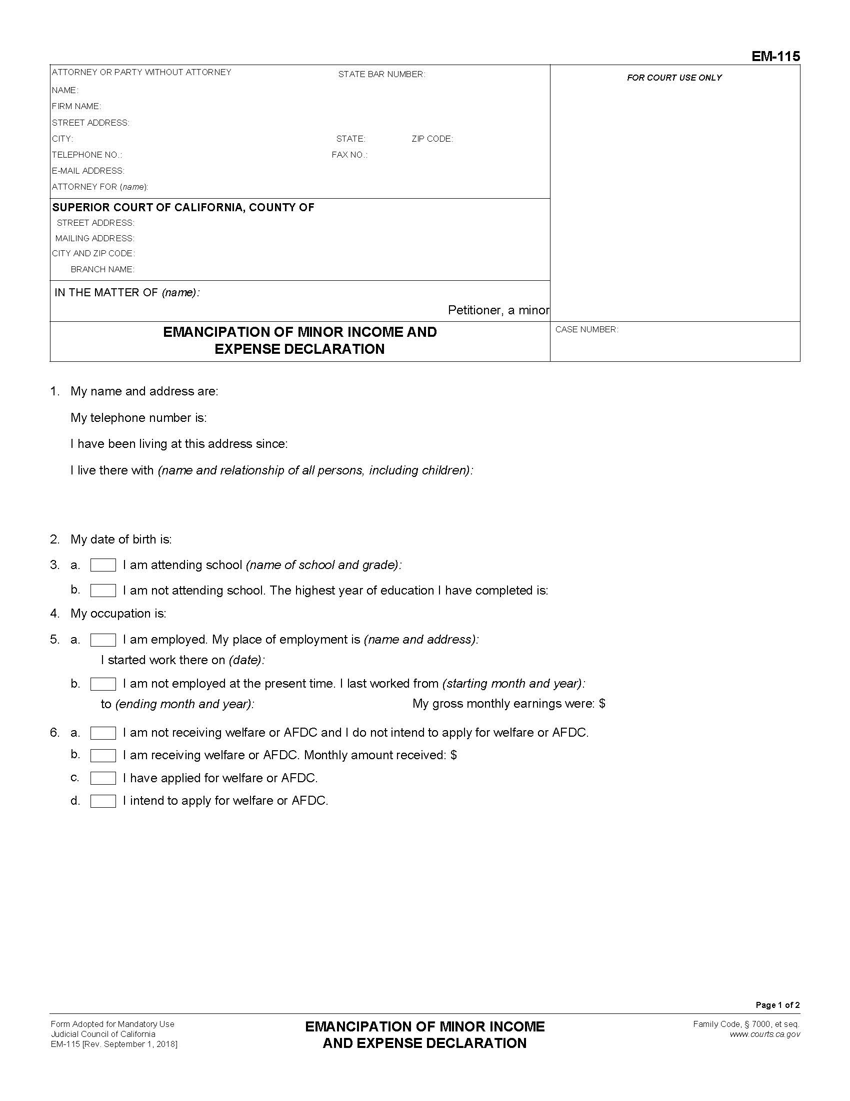 Emancipation Of Minor Income And Expense Declaration {EM-115} | Pdf Fpdf Docx | California