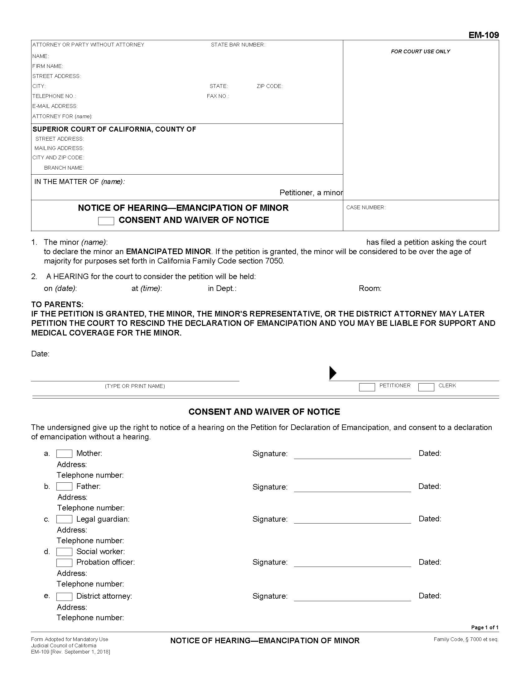 Notice Of Hearing-Emancipation Of Minor {EM-109} | Pdf Fpdf Docx | California