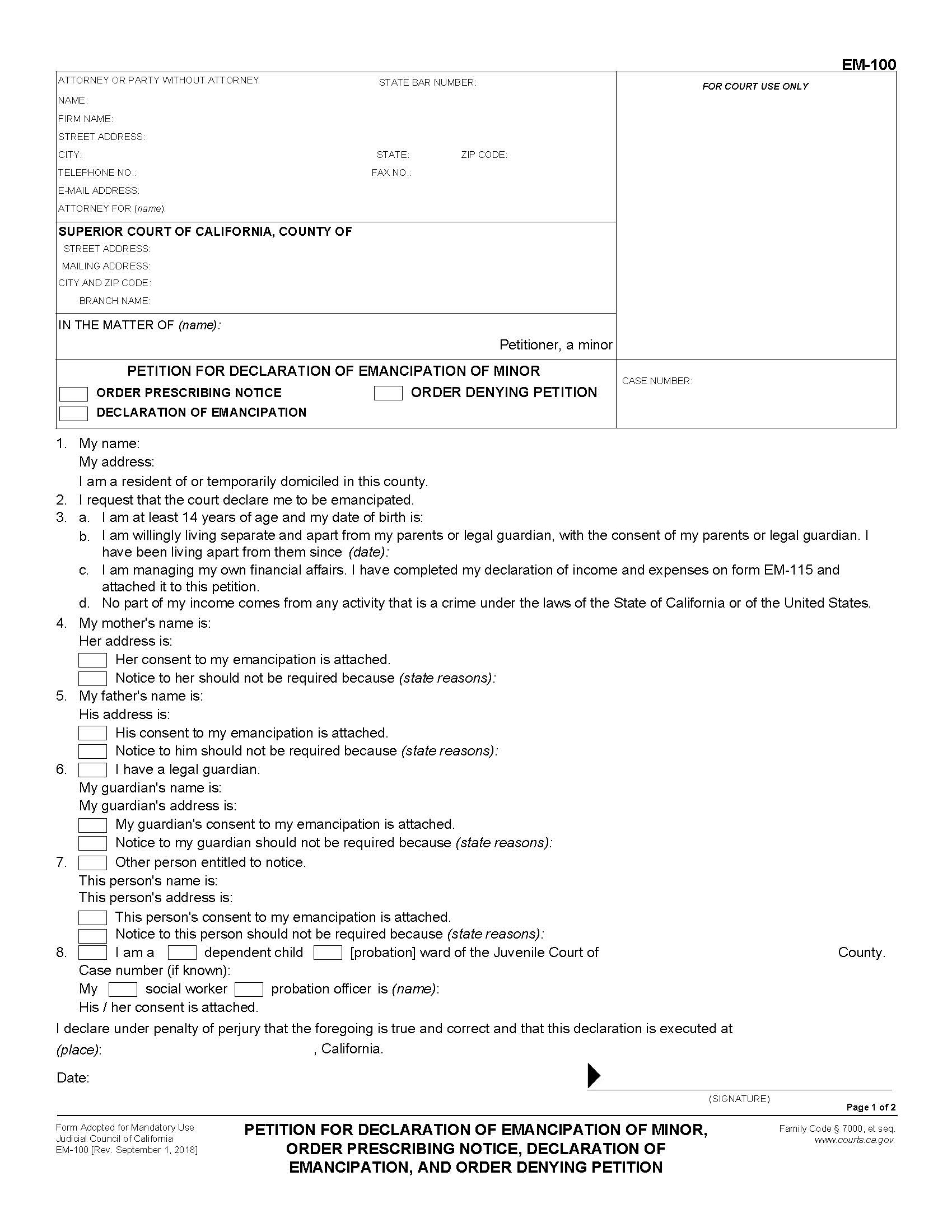 Petition For Declaration Of Emancipation Of Minor Order Prescribing Notice {EM-100} | Pdf Fpdf Docx | California