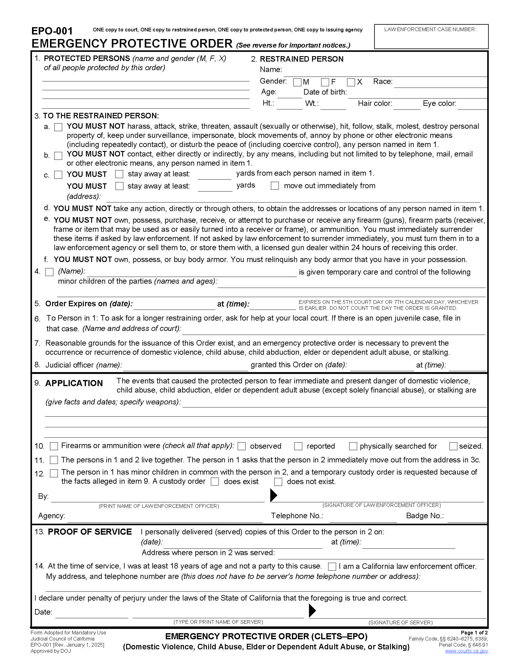 Emergency Protective Order (CLETS-EPO) {EPO-001} | Pdf Fpdf Doc Docx | California