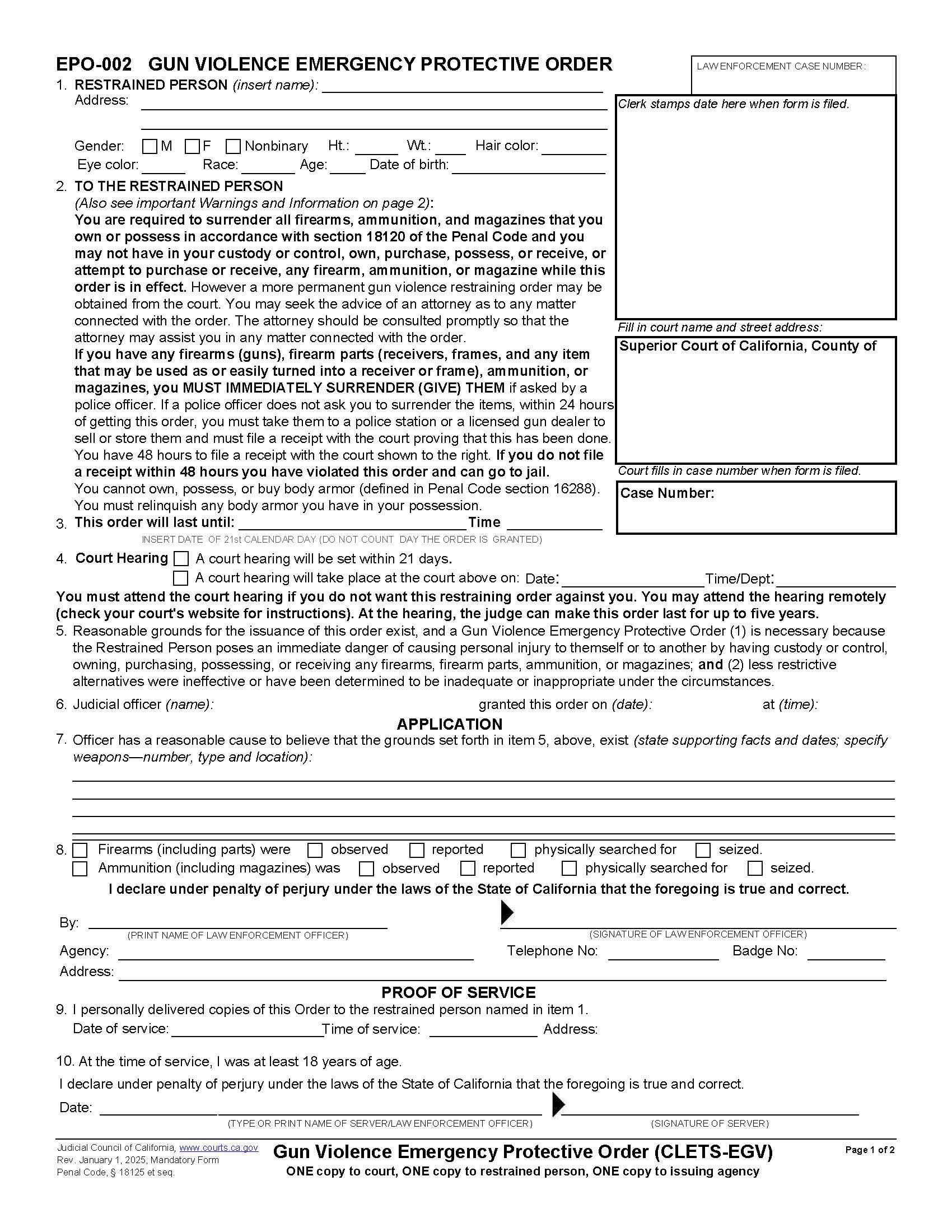 Gun Violence Emergency Protective Order (CLETS-EGV) {EPO-002} | Pdf Fpdf Docx | California