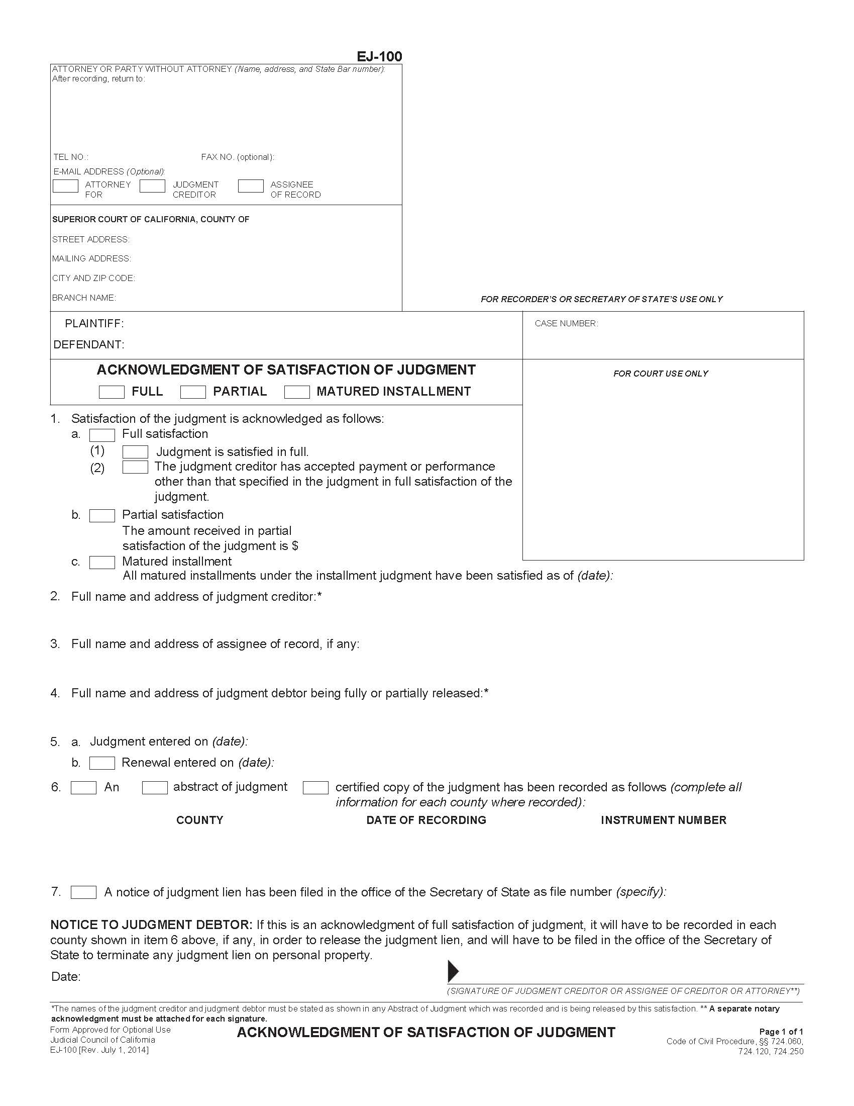 Acknowledgment Of Satisfaction Of Judgment {EJ-100} | Pdf Fpdf Doc Docx | California
