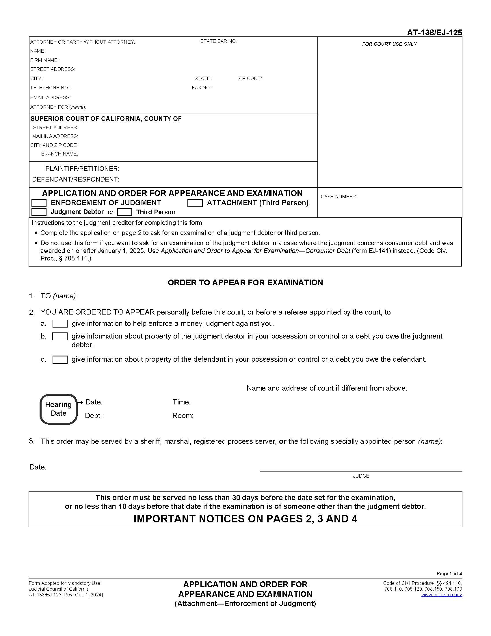 Application And Order For Appearance And Examination {AT-138 EJ-125} | Pdf Fpdf Docx | California