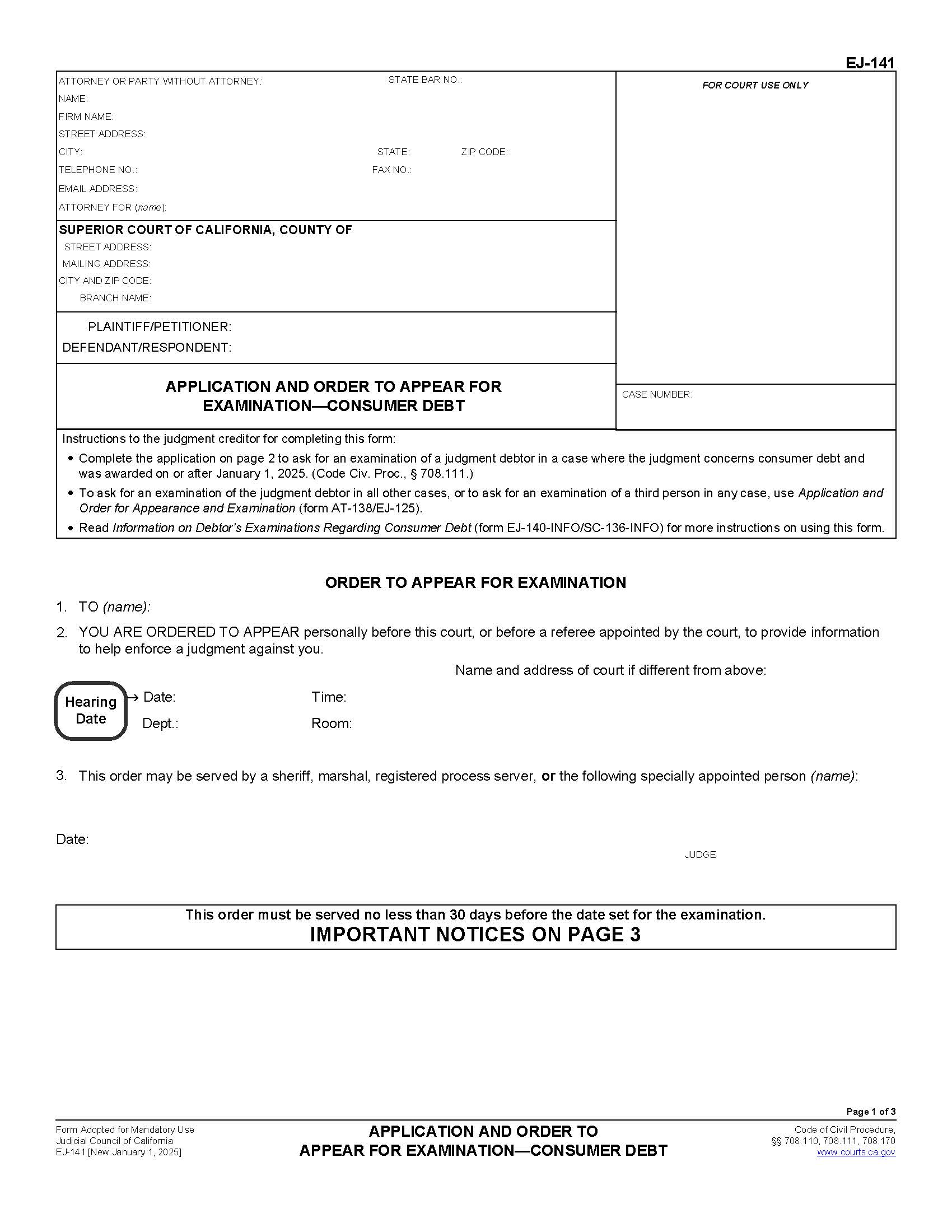 Application And Order To Appear For Examination-Consumer Debt {EJ-141} | Pdf Fpdf Docx | California