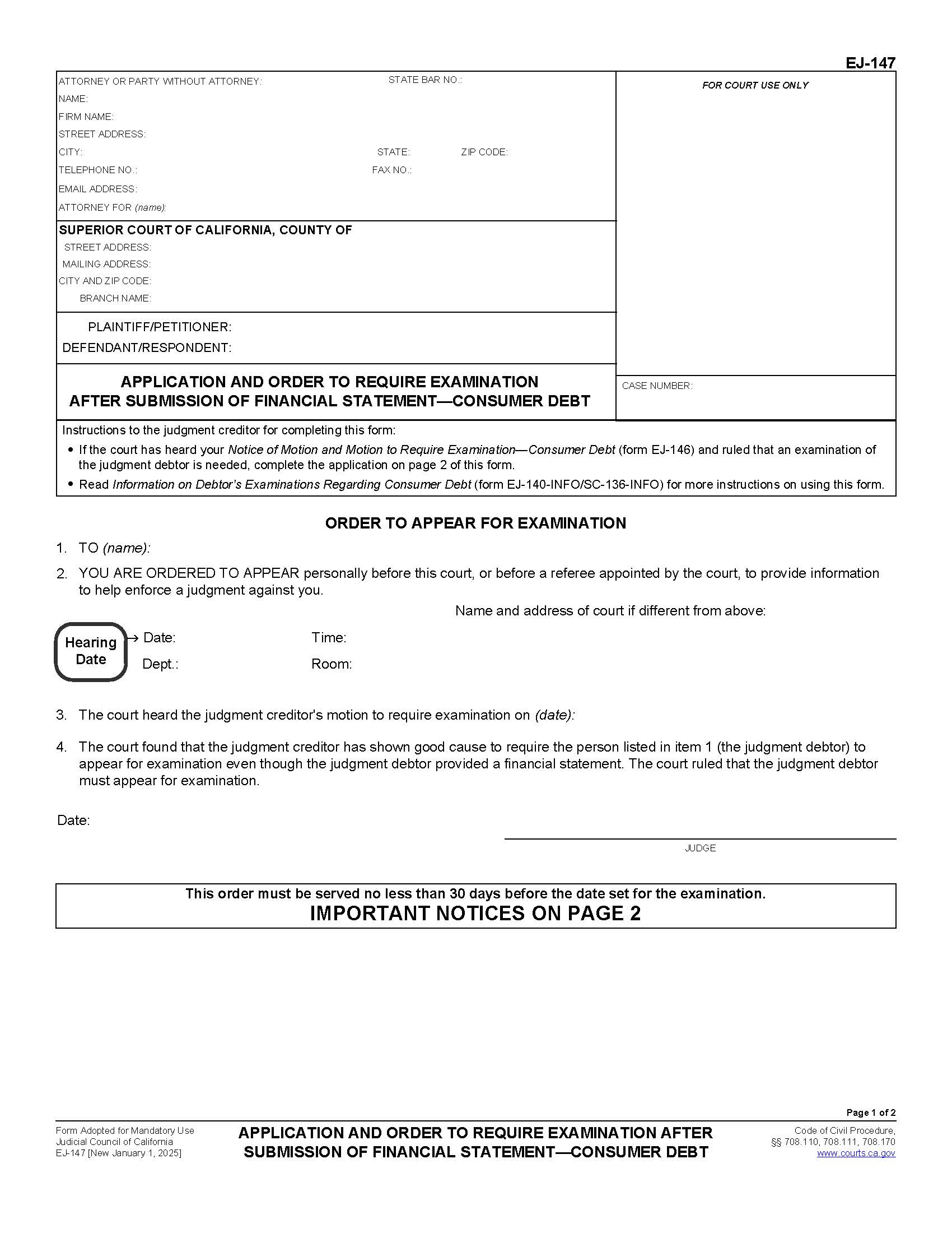 Application And Order To Require Examination After Submission Of Financial Statement {EJ-147} | Pdf Fpdf Docx | California