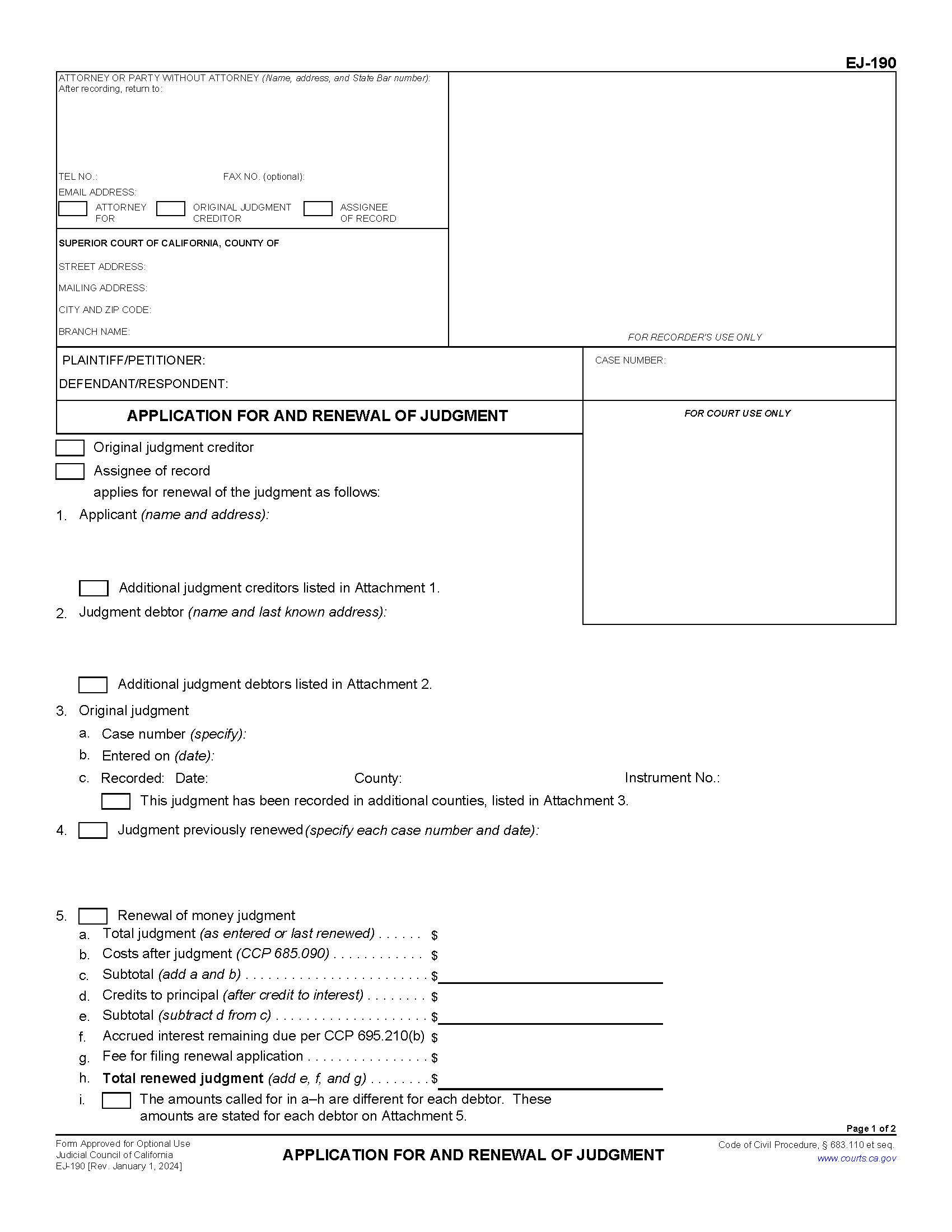 Application For And Renewal Of Judgment {EJ-190} | Pdf Fpdf Doc Docx | California