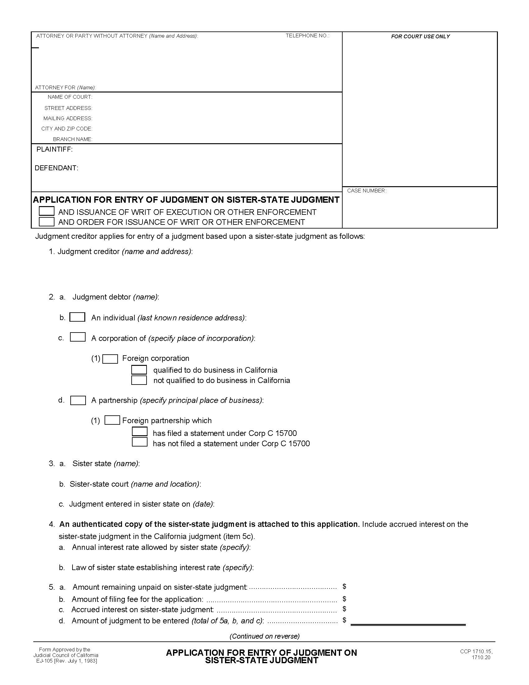 Application For Entry Of Judgment On Sister-State Judgment {EJ-105} | Pdf Fpdf Doc Docx | California