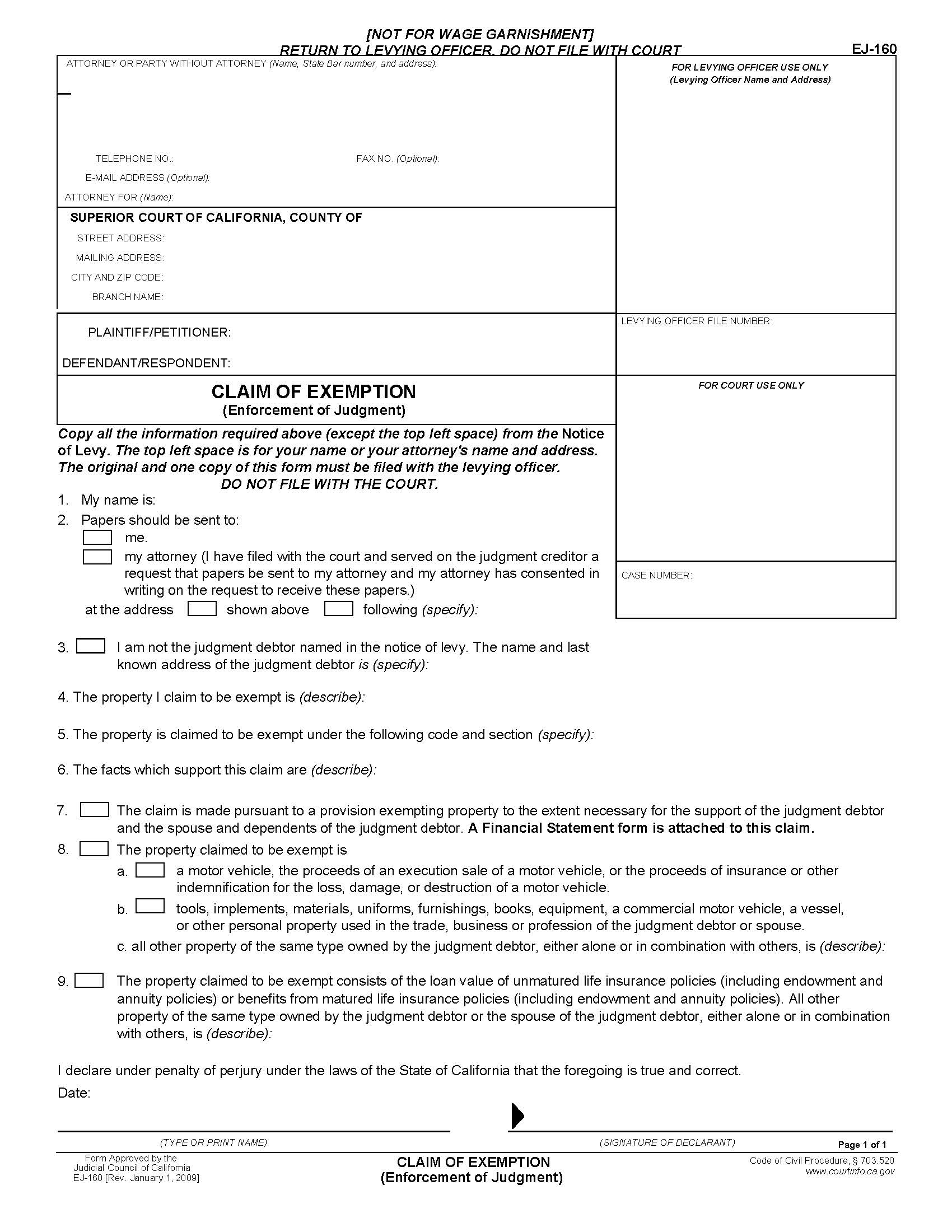 Claim Of Exemption (Enforcement Of Judgment) {EJ-160} | Pdf Fpdf Doc Docx | California