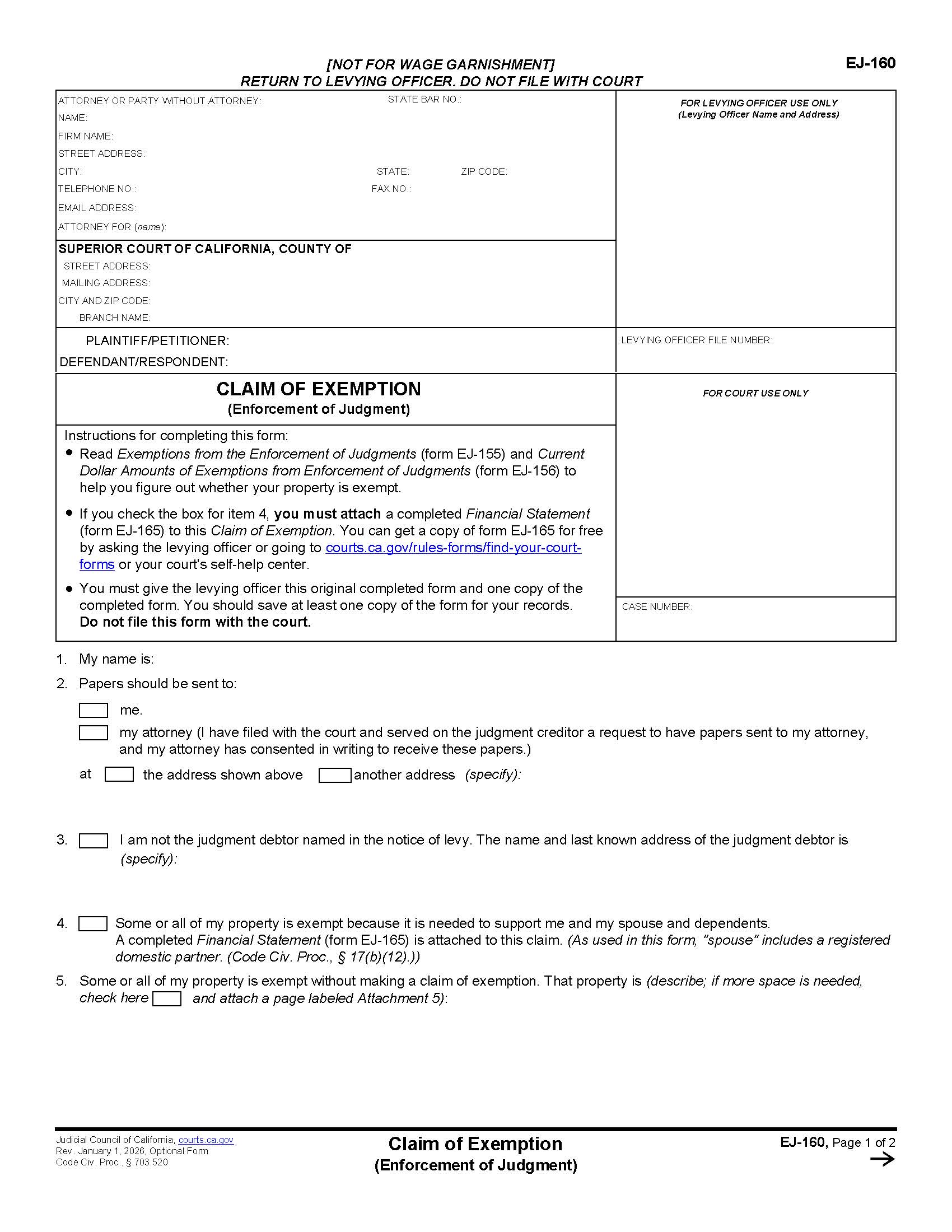 Claim Of Exemption (Enforcement Of Judgment) {EJ-160} | Pdf Fpdf Doc Docx | California