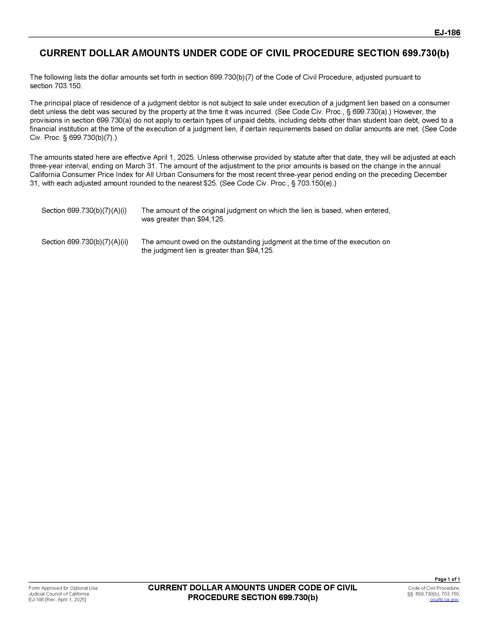 Current Dollar Amounts Under Code Of Civil Procedure Section 699.730(b) {EJ-186} | Pdf Fpdf Docx | California