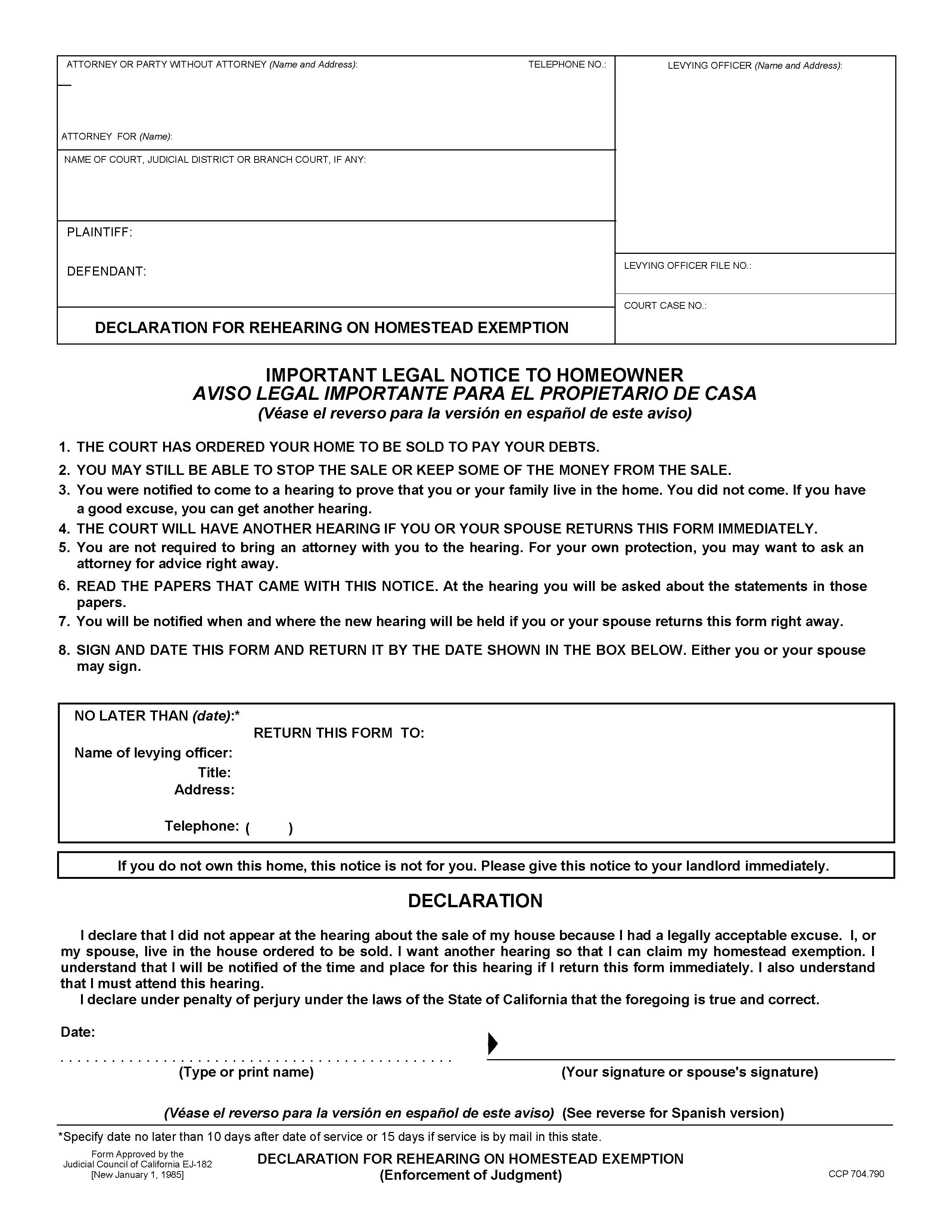 Declaration For Rehearing On Homestead Exemption (Enforcement of Judgment) {EJ-182} | Pdf Fpdf Doc Docx | California