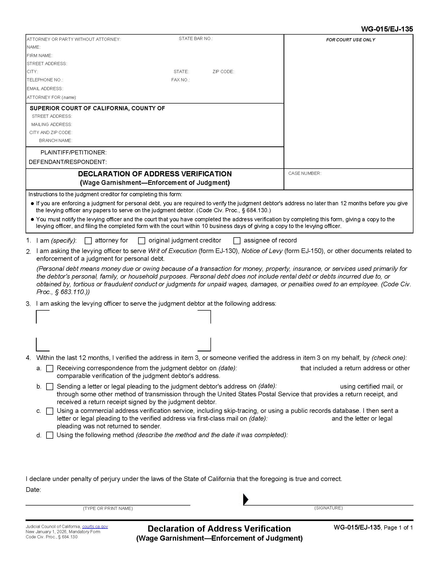 Declaration Of Address Verification (Wage Garnishment-Enforcement Of Judgment) {WG-015 EJ-135} | Pdf Fpdf Docx | California