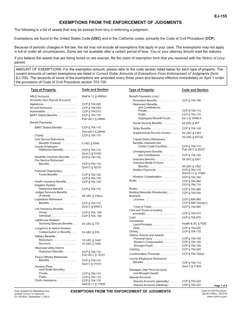 Exemptions From The Enforcement Of Judgments {EJ-155} | Pdf Fpdf Docx | California