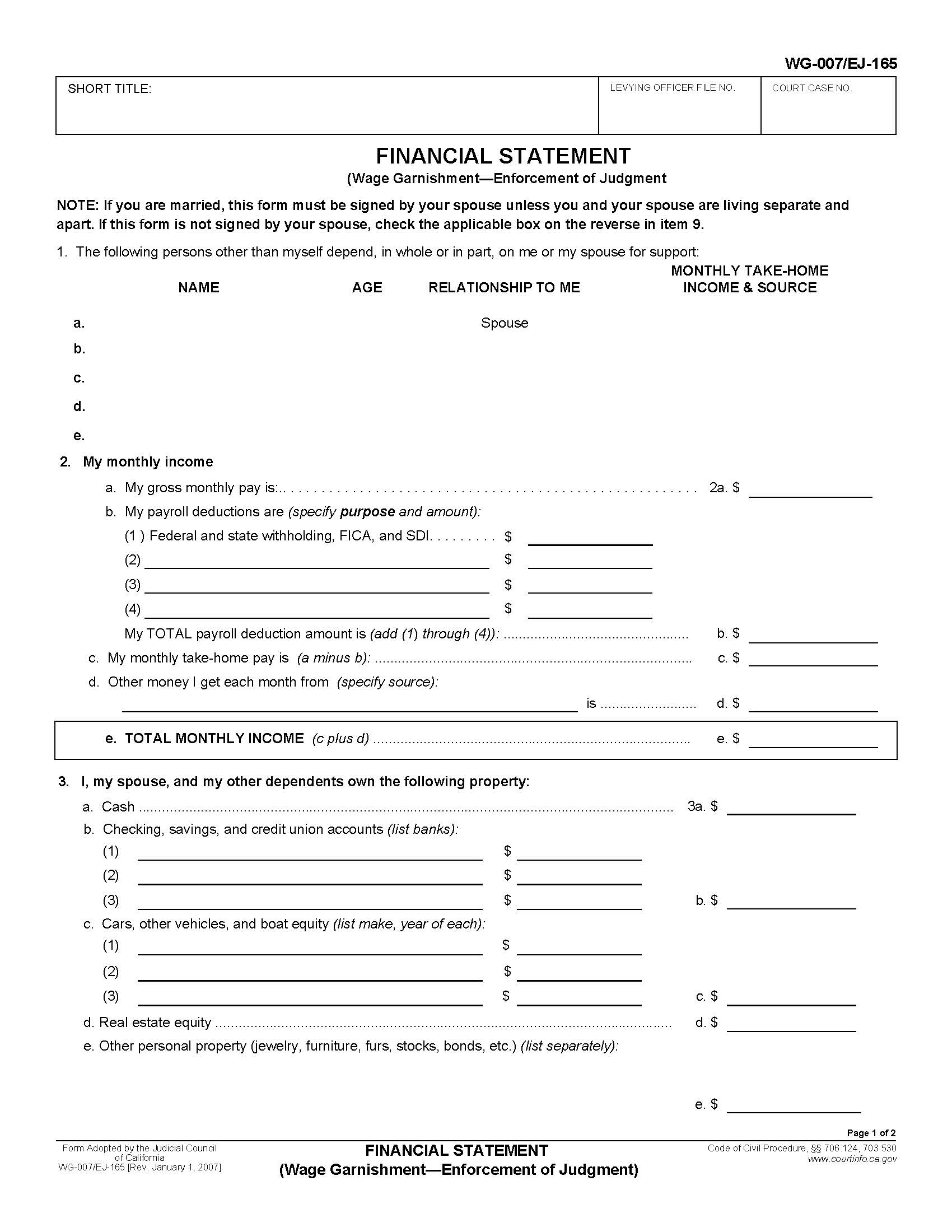 Financial Statement (Wage Garnishment-Enforcement Of Judgment) {WG-007 EJ-165} | Pdf Fpdf Doc Docx | California