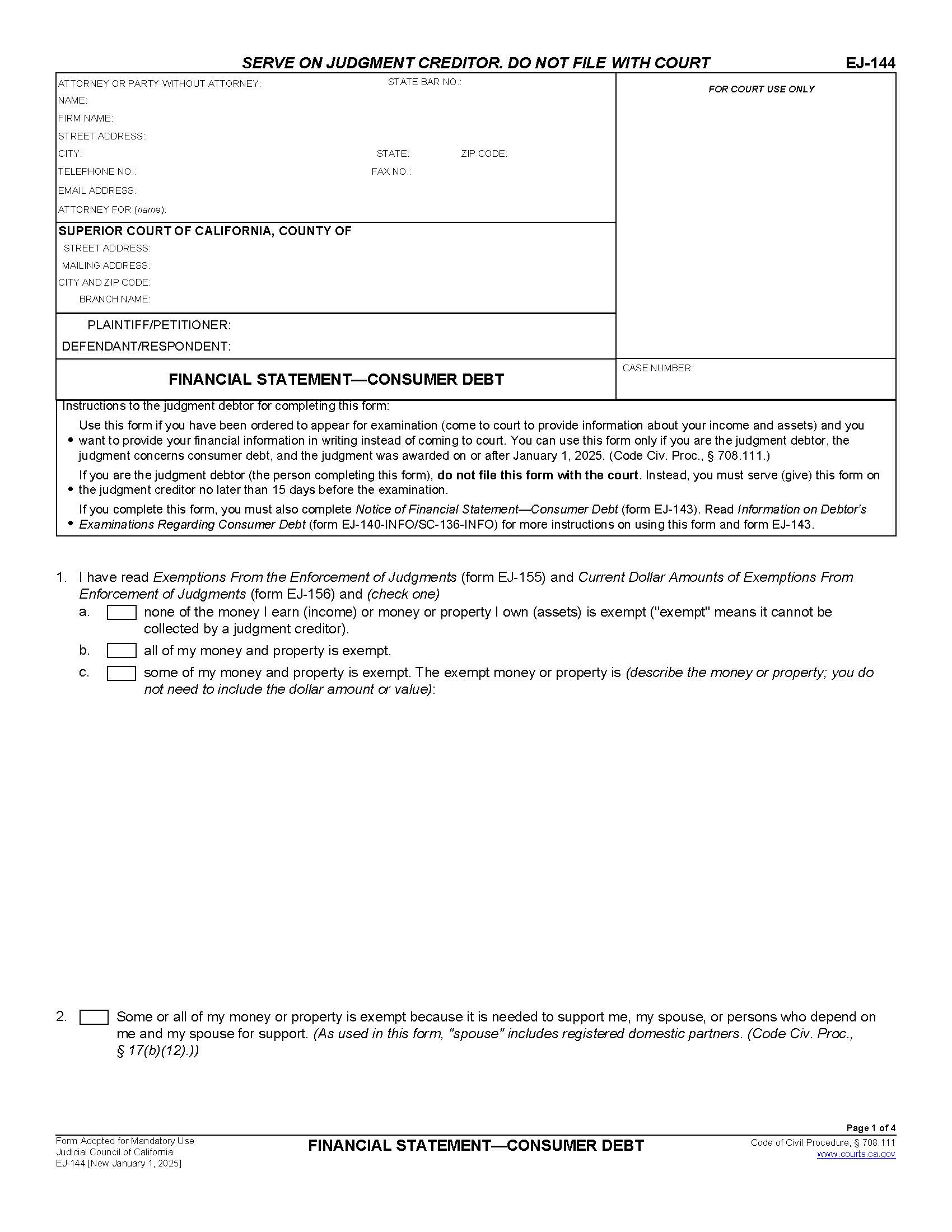 Financial Statement-Consumer Debt {EJ-144} | Pdf Fpdf Docx | California
