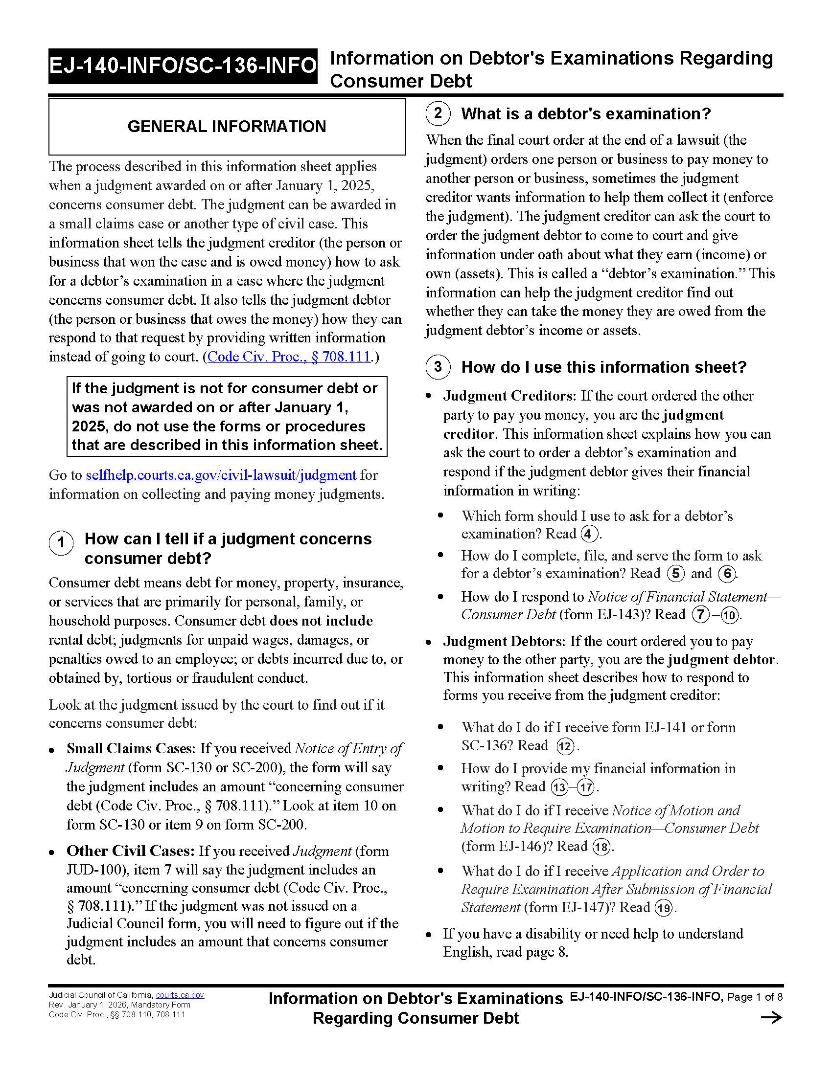 Information On Debtors Examination Regarding Consumer Debt {EJ-140-INFO SC-136-INFO} | Pdf Fpdf Docx | California