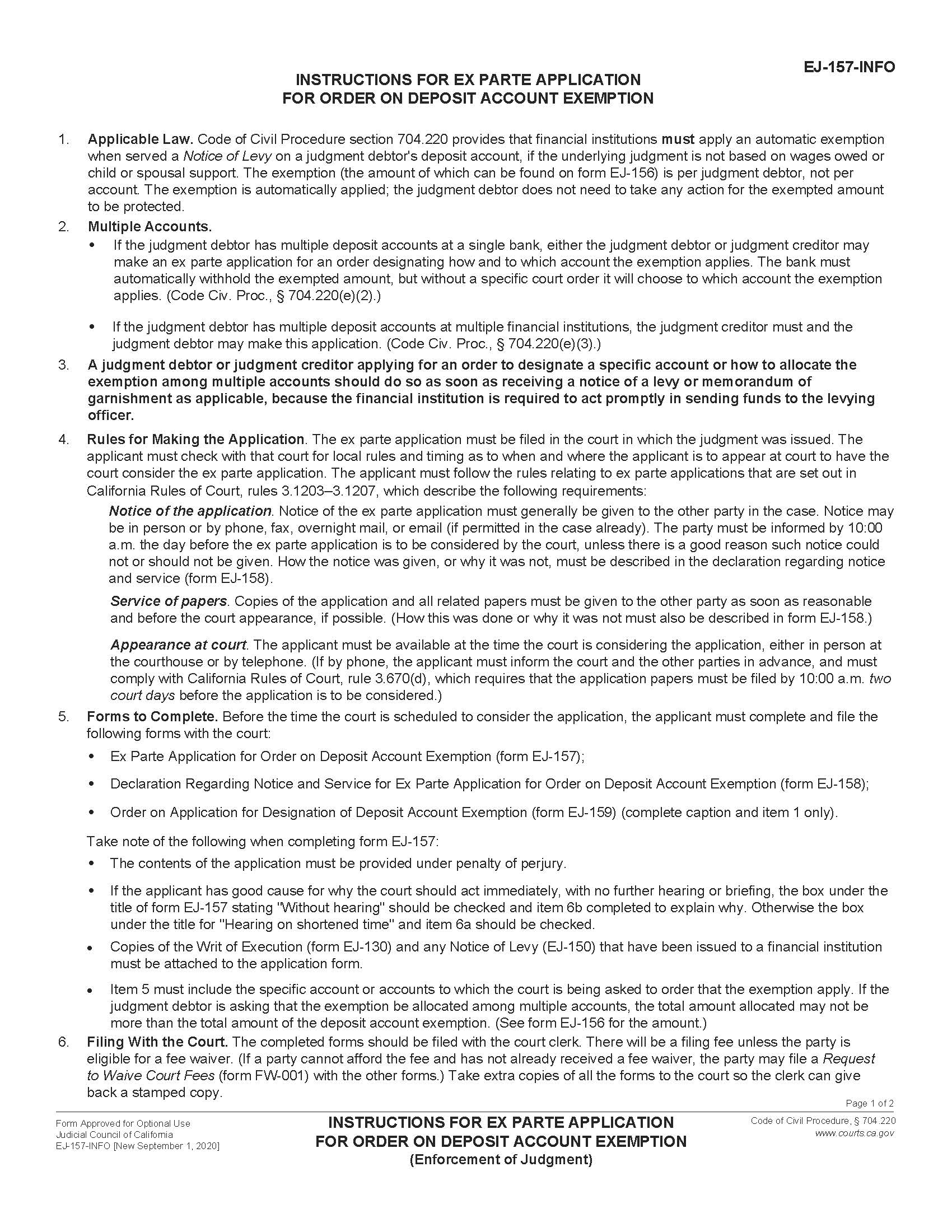 Instructions For Ex Parte Application For Order On Deposit Account Exemption {EJ-157-INFO} | Pdf Fpdf Docx | California