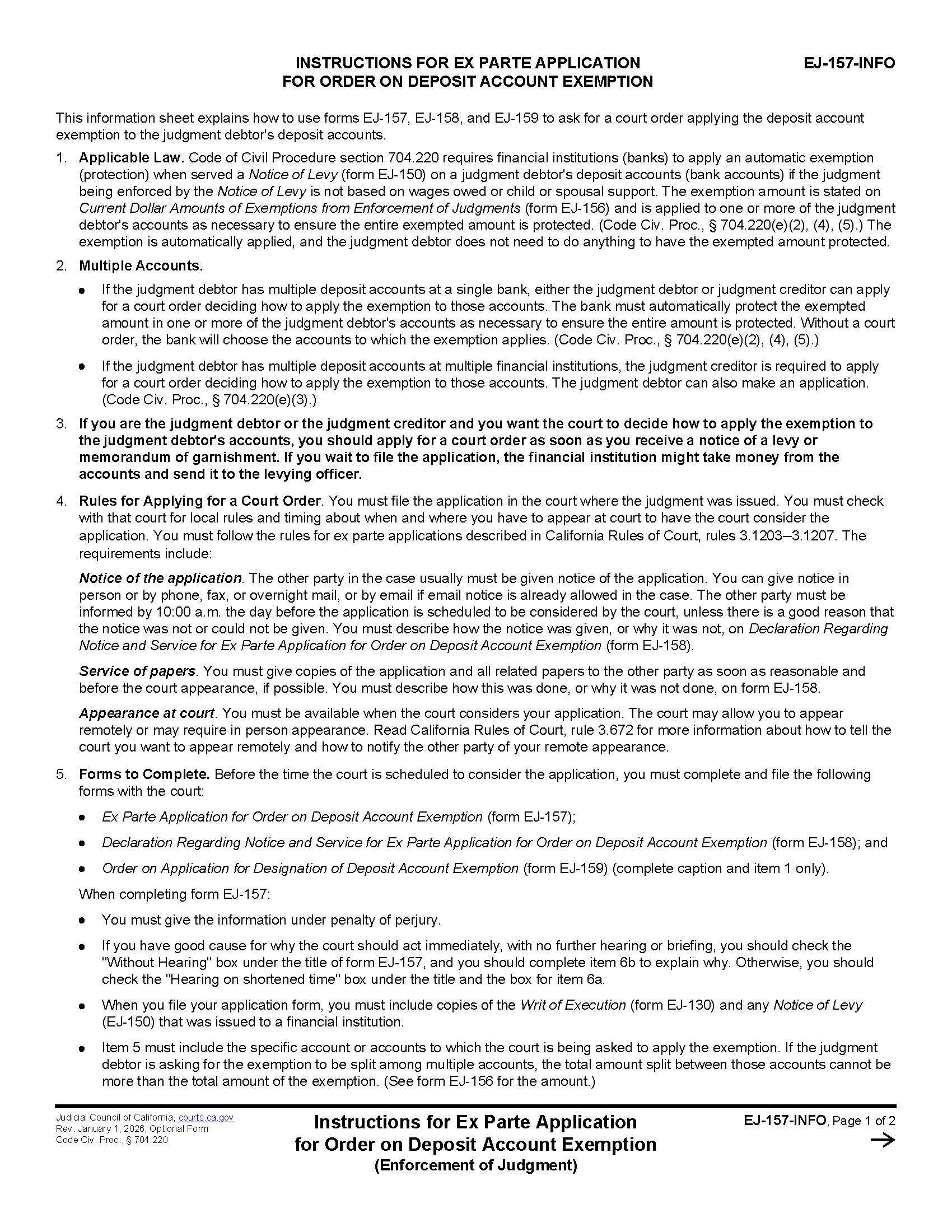 Instructions For Ex Parte Application For Order On Deposit Account Exemption {EJ-157-INFO} | Pdf Fpdf Docx | California