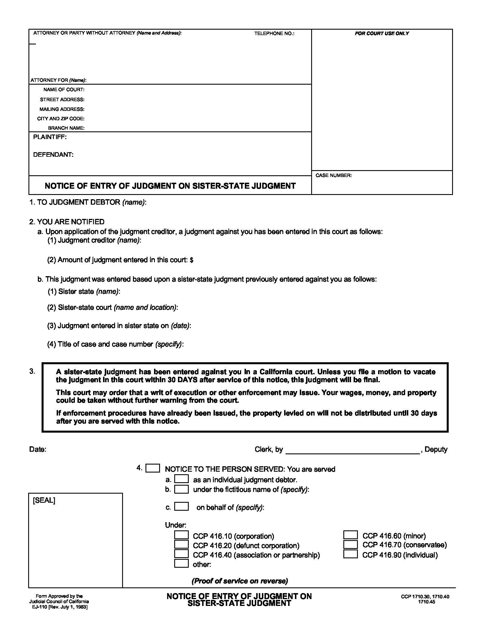 Notice Of Entry Of Judgment On Sister-State Judgment {EJ-110} | Pdf Fpdf Docx | California