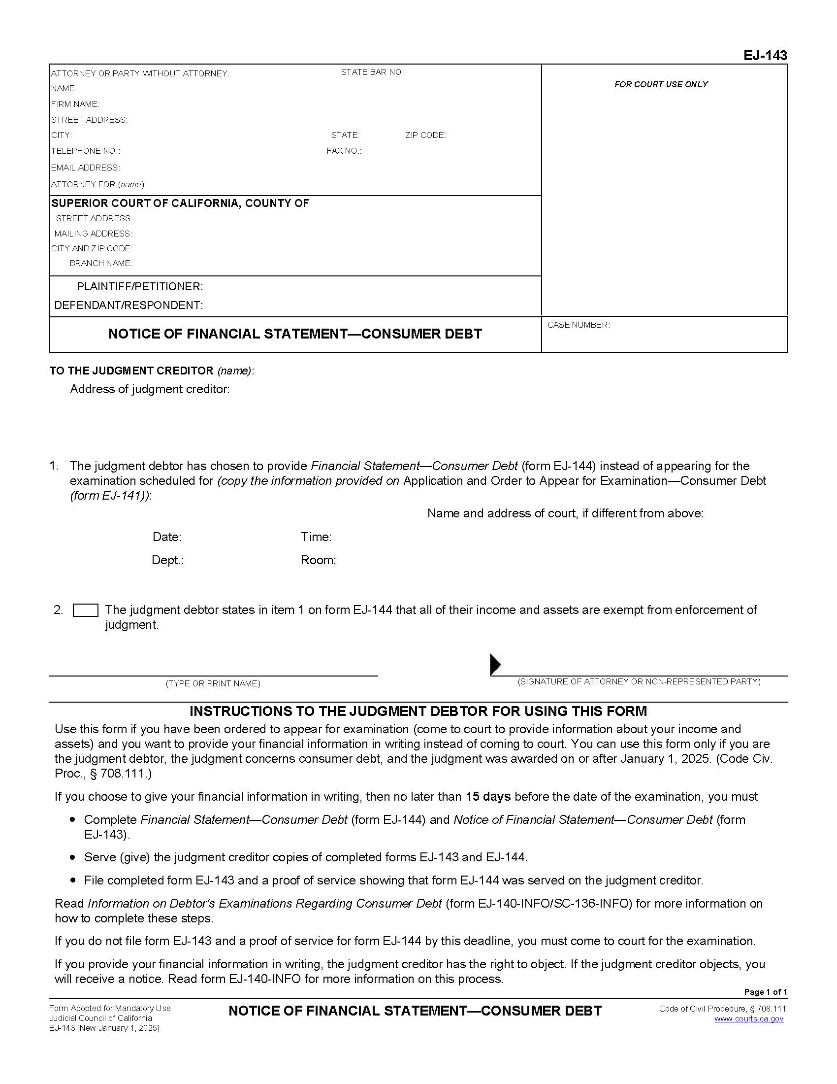 Notice Of Financial Statement-Consumer Debt {EJ-143} | Pdf Fpdf Docx | California
