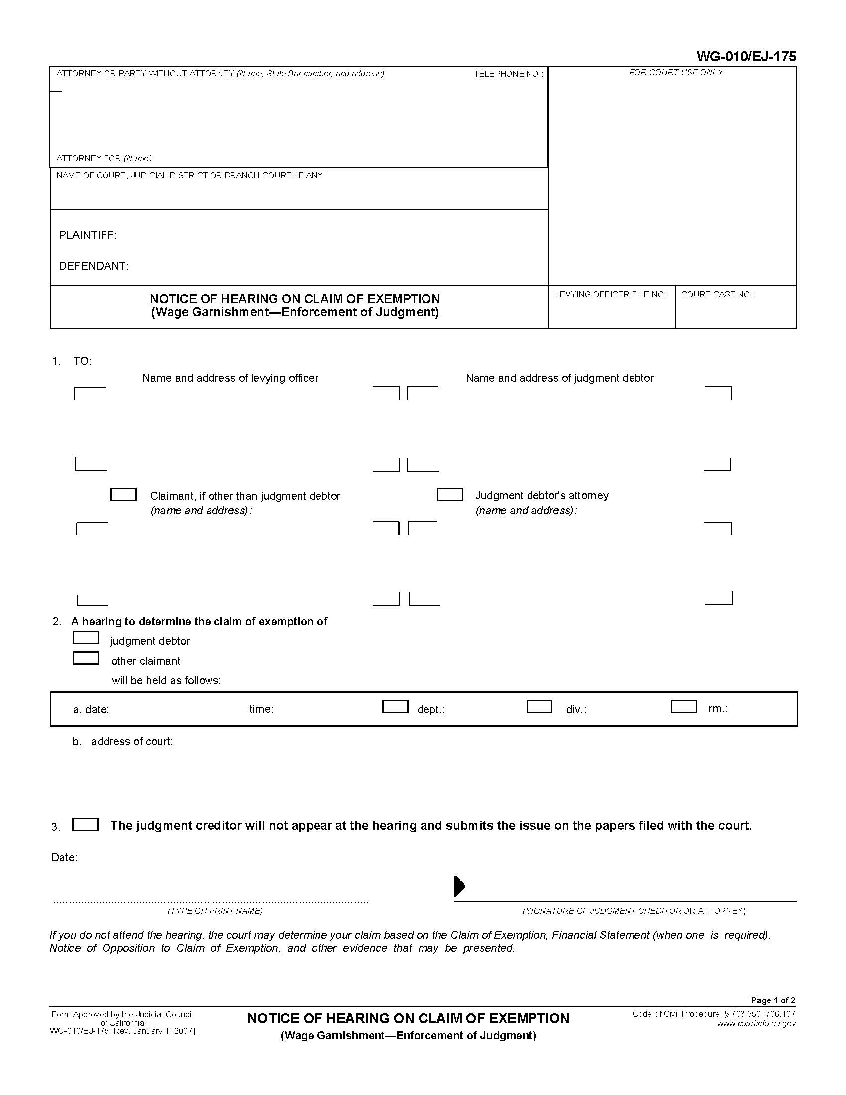 Notice Of Hearing On Claim Of Exemption {WG-010 EJ-175} | Pdf Fpdf Doc Docx | California