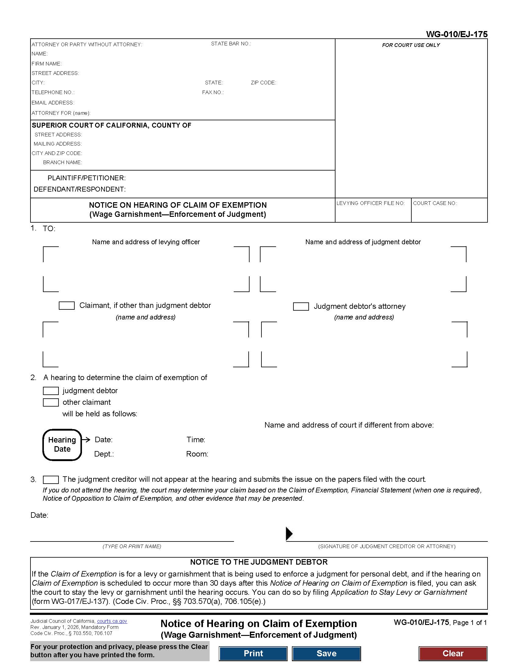 Notice Of Hearing On Claim Of Exemption {WG-010 EJ-175} | Pdf Fpdf Doc Docx | California