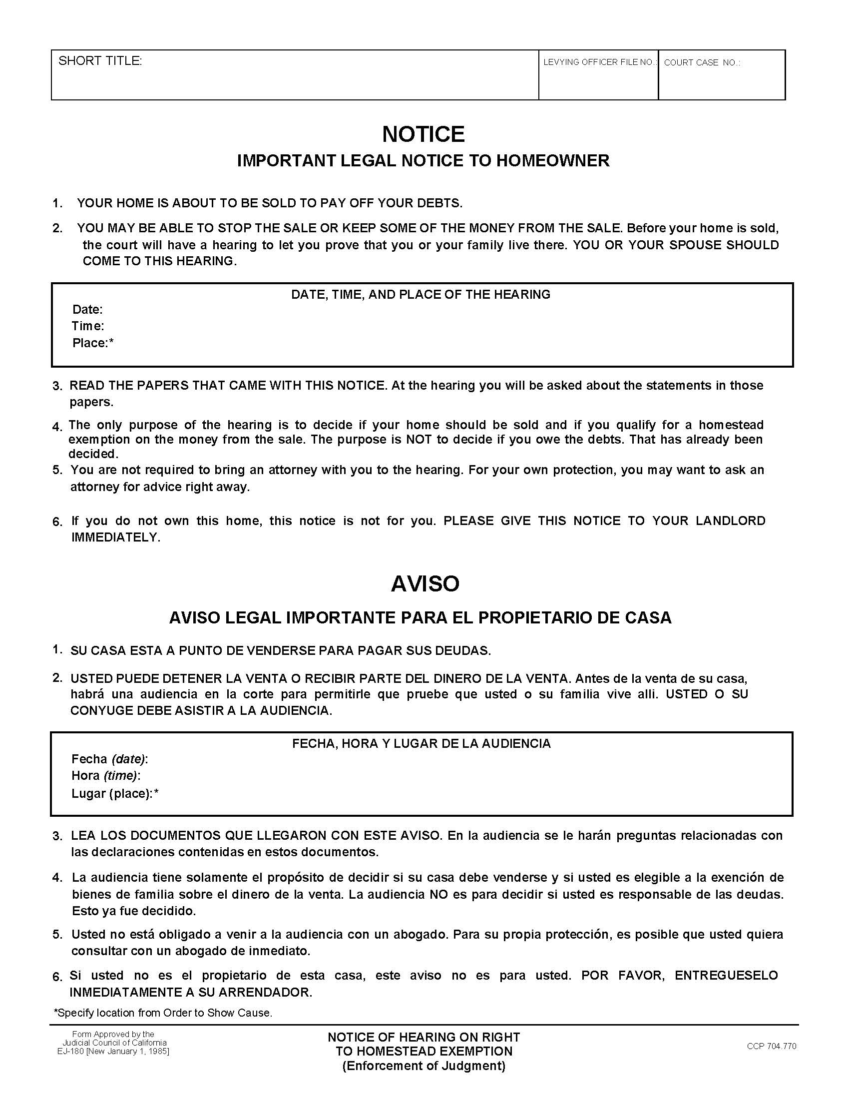 Notice Of Hearing On Right To Homestead Exemption (Enforcement Of Judgment) {EJ-180} | Pdf Fpdf Doc Docx | California