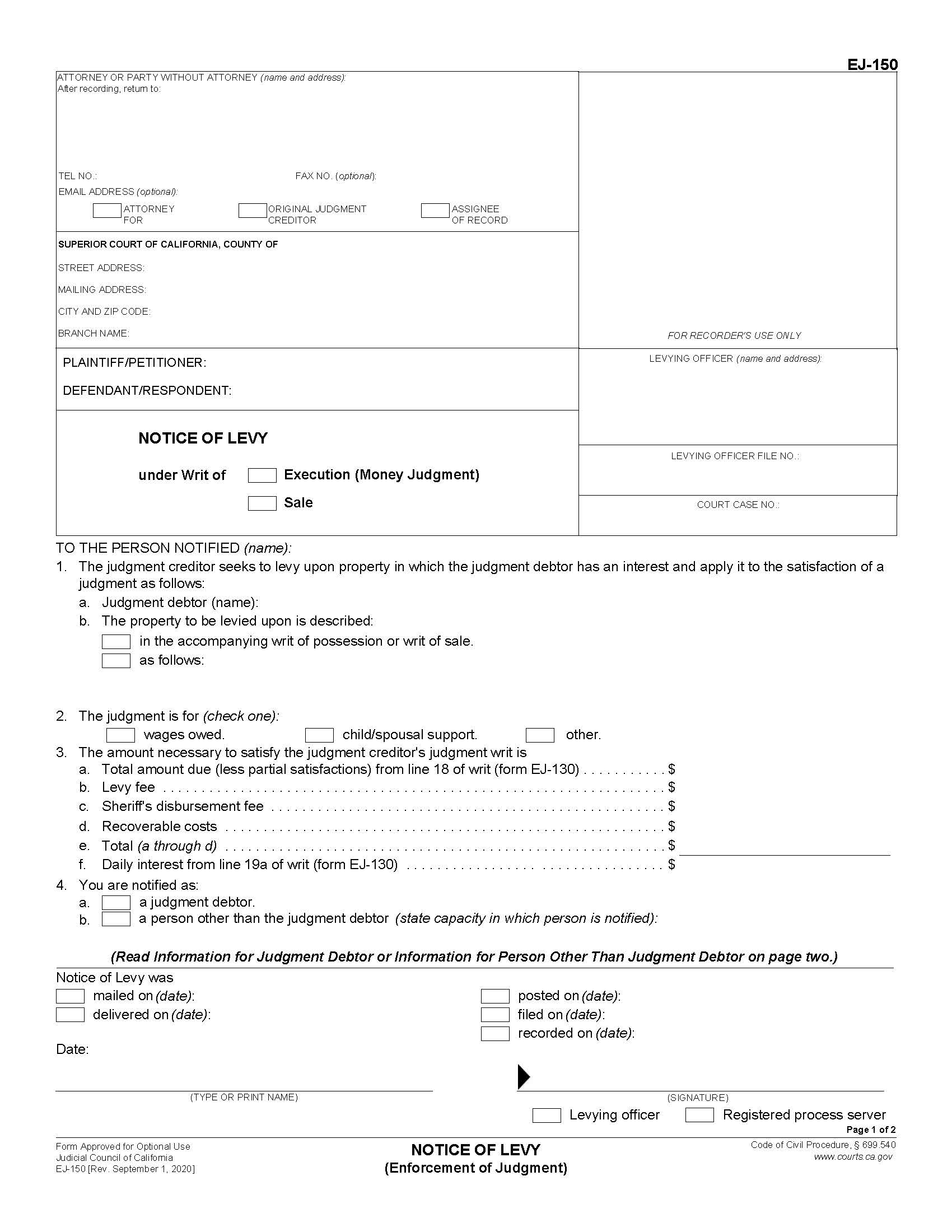 Notice Of Levy (Enforcement Of Judgment) {EJ-150} | Pdf Fpdf Doc Docx | California
