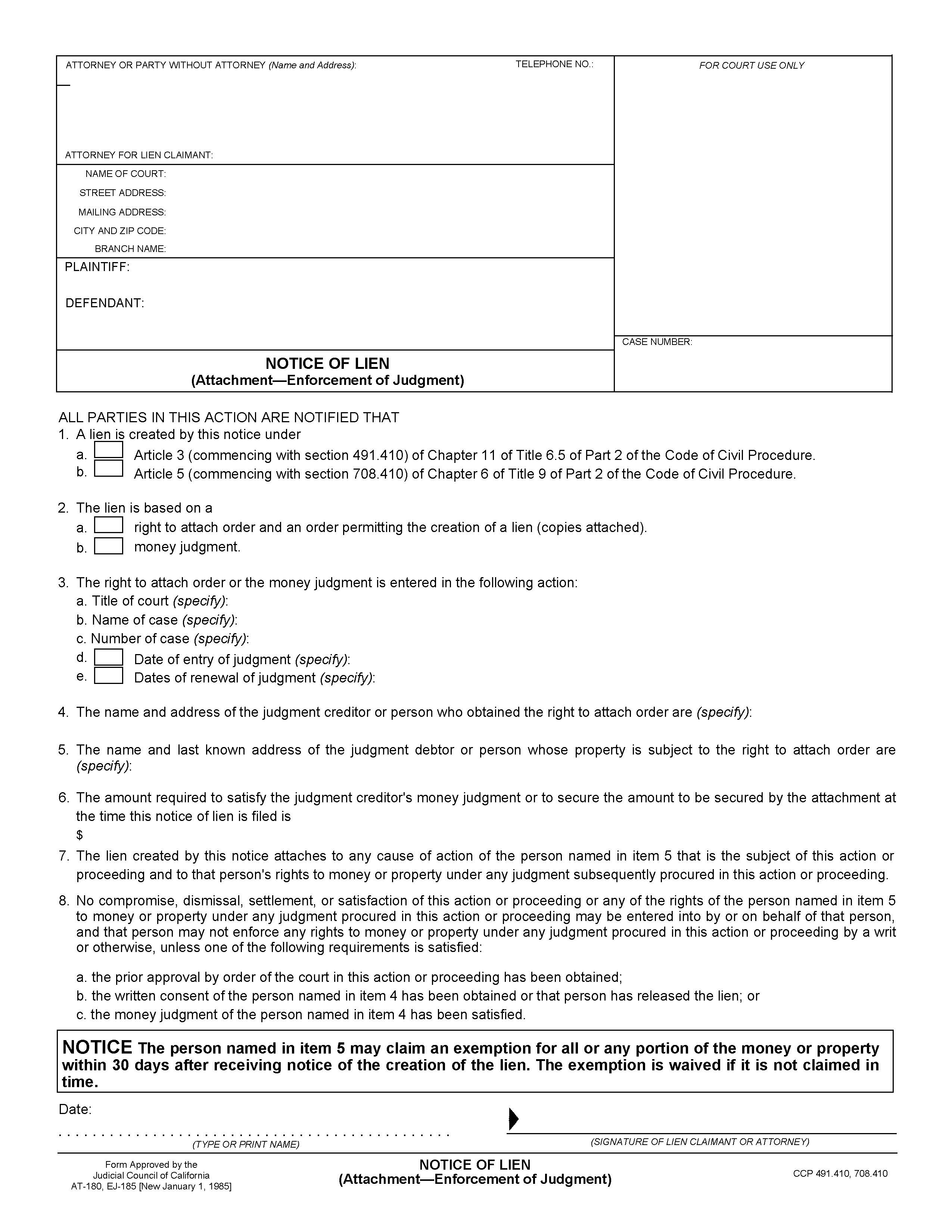 Notice Of Lien (Attachment-Enforcement Of Judgment) {EJ-185  AT-180} | Pdf Fpdf Doc Docx | California