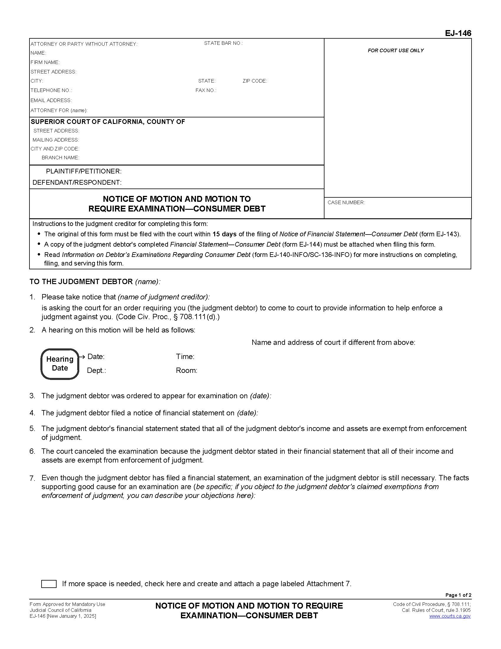 Notice Of Motion And Motion To Require Examination-Consumer Debt {EJ-146} | Pdf Fpdf Docx | California