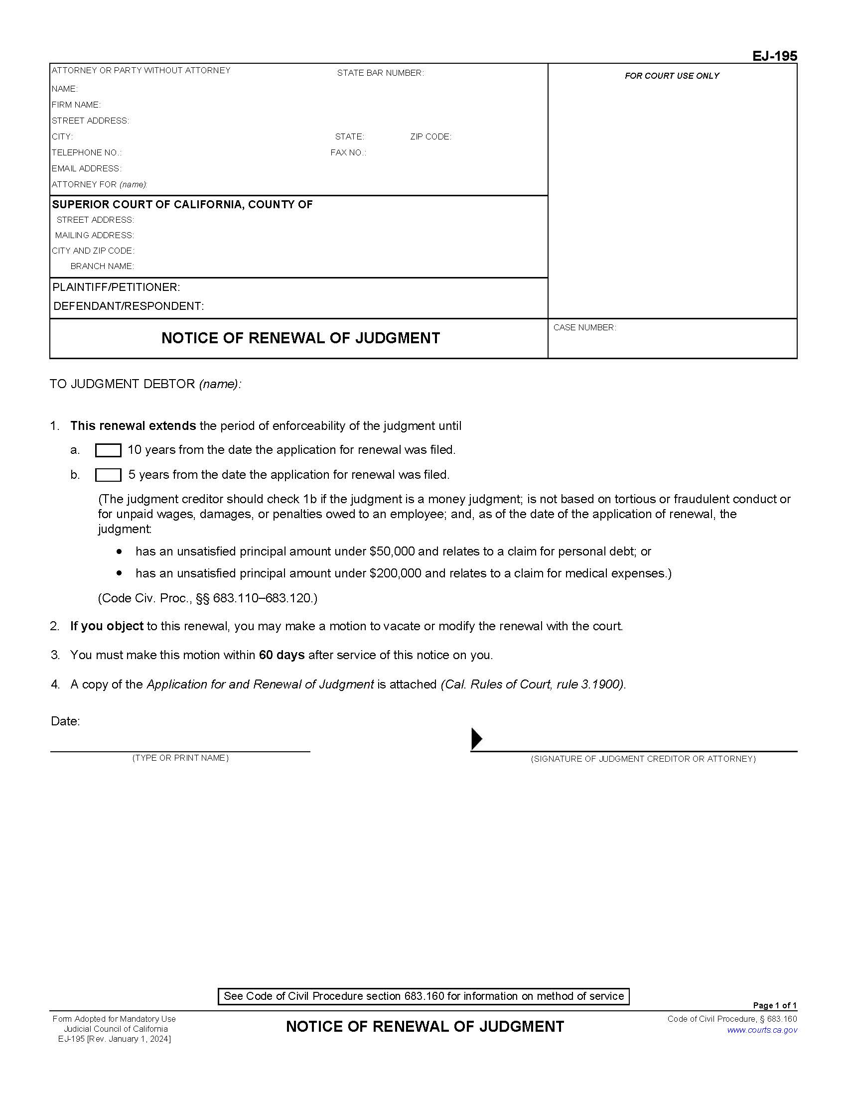 Notice Of Renewal Of Judgment {EJ-195} | Pdf Fpdf Doc Docx | California