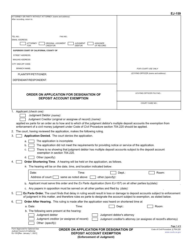Order On Application For Designation Of Deposit Account Exemption {EJ-159} | Pdf Fpdf Docx | California