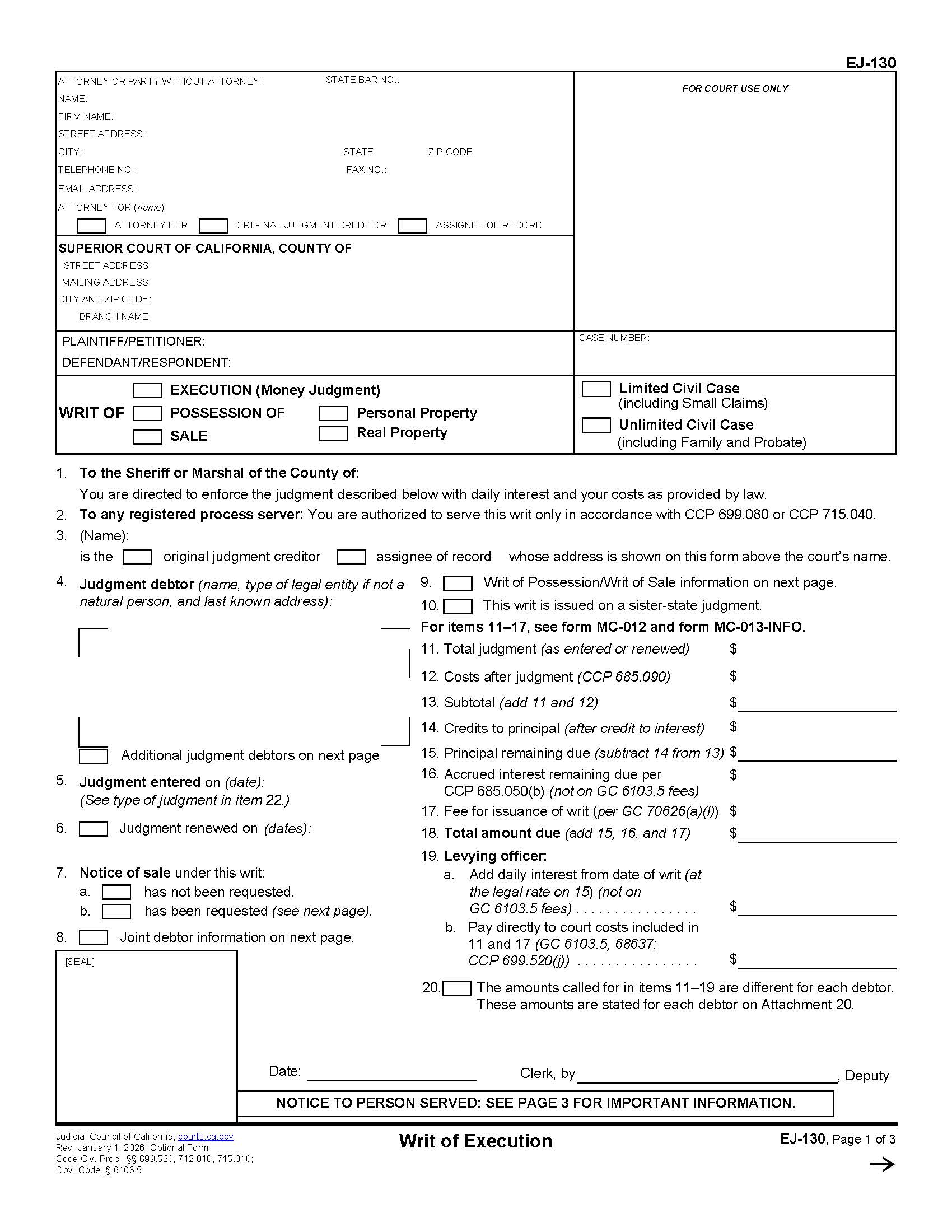 Writ Of Execution {EJ-130} | Pdf Fpdf Docx | California