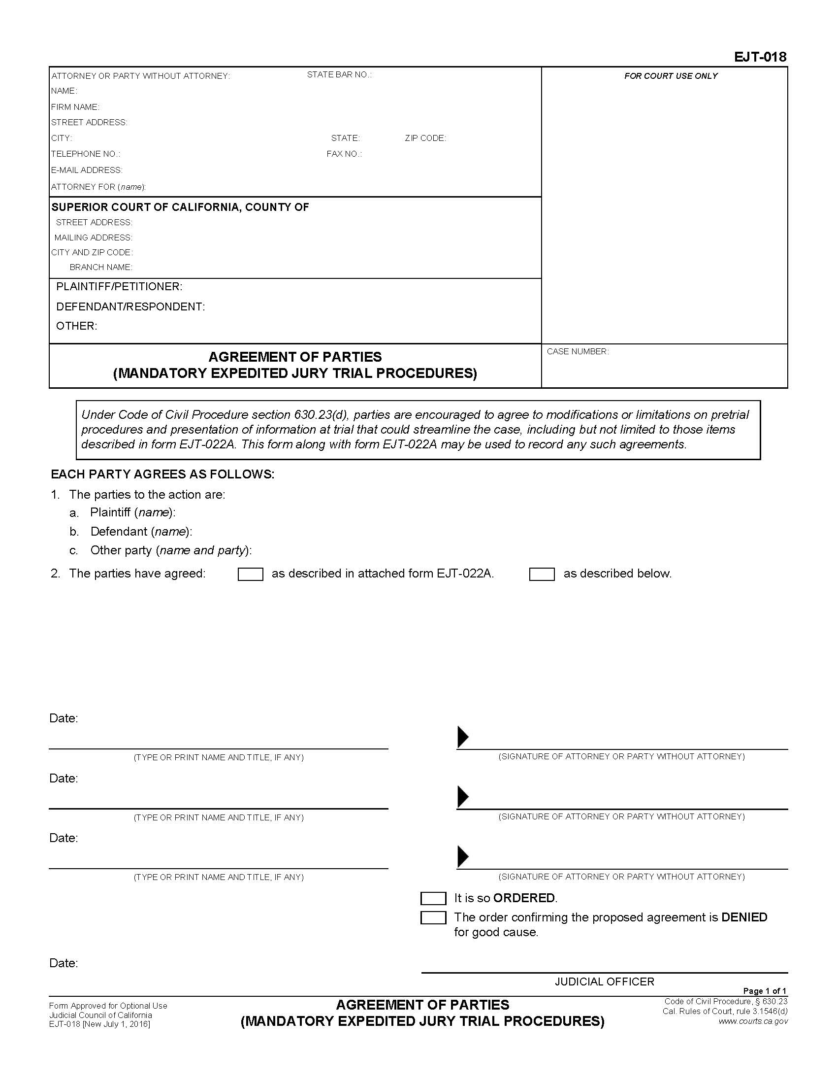 Agreement Of Parties (Mandatory Expedited Jury Trial Procedures) {EJT-018} | Pdf Fpdf Doc Docx | California