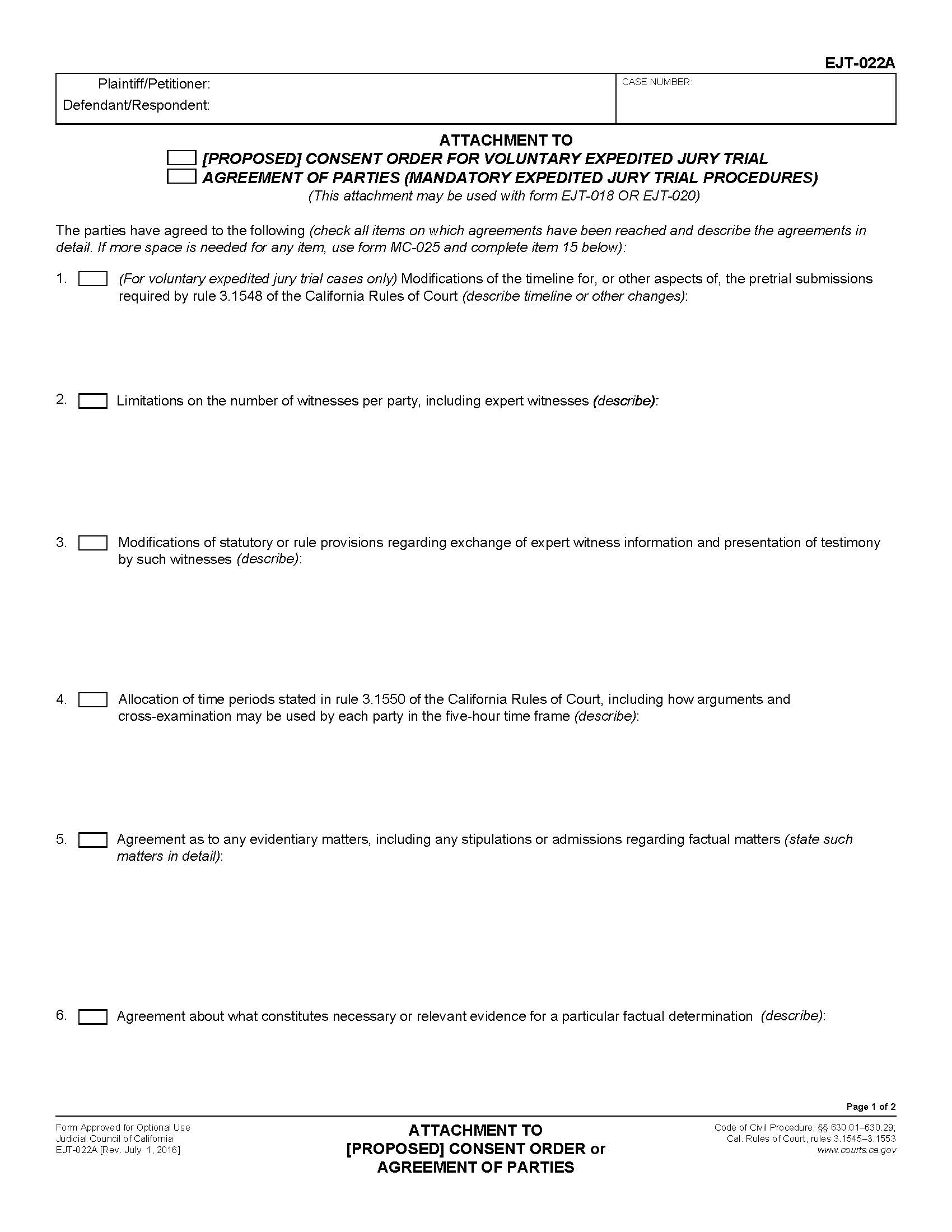Attachment To (Proposed) Consent Order Or Agreement Of Parties {EJT-022A} | Pdf Fpdf Doc Docx | California