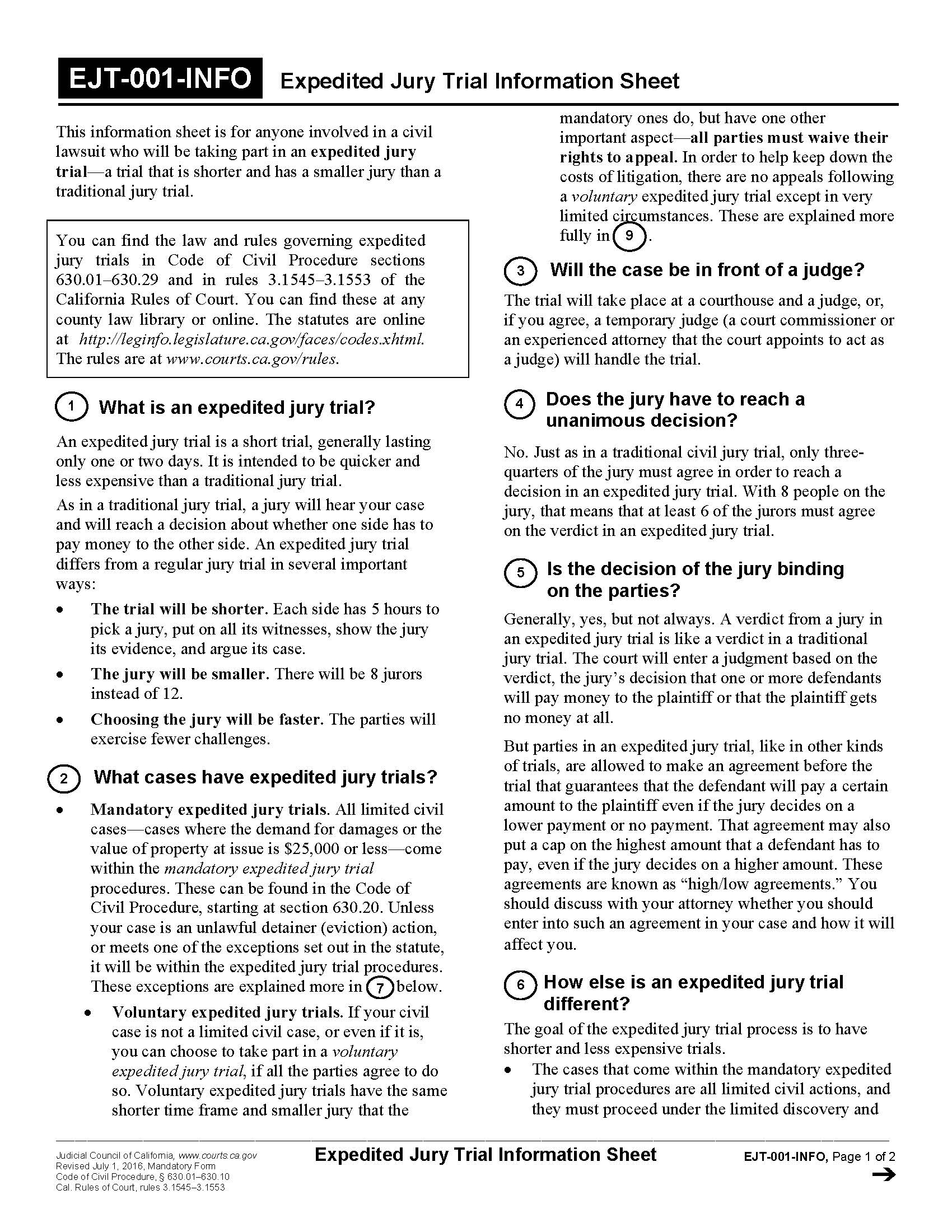 Expedited Jury Trial Information {EJT-010-INFO} | Pdf Fpdf Doc Docx | California