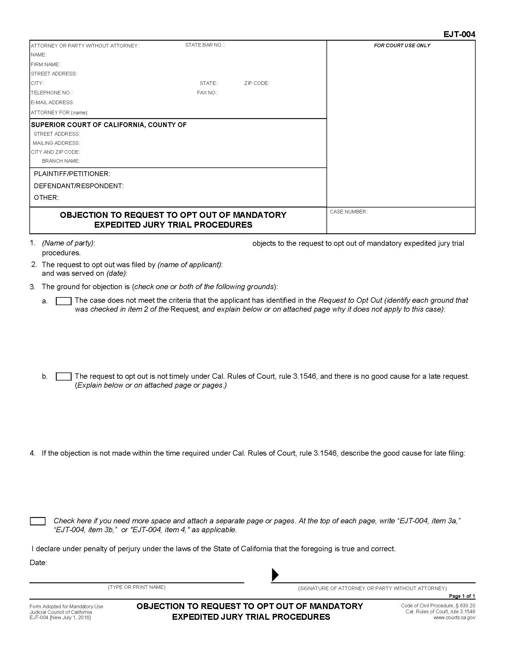Objection To Request To Opt Out Of Mandatory Expedited Jury Trial Procedures {EJT-004} | Pdf Fpdf Doc Docx | California