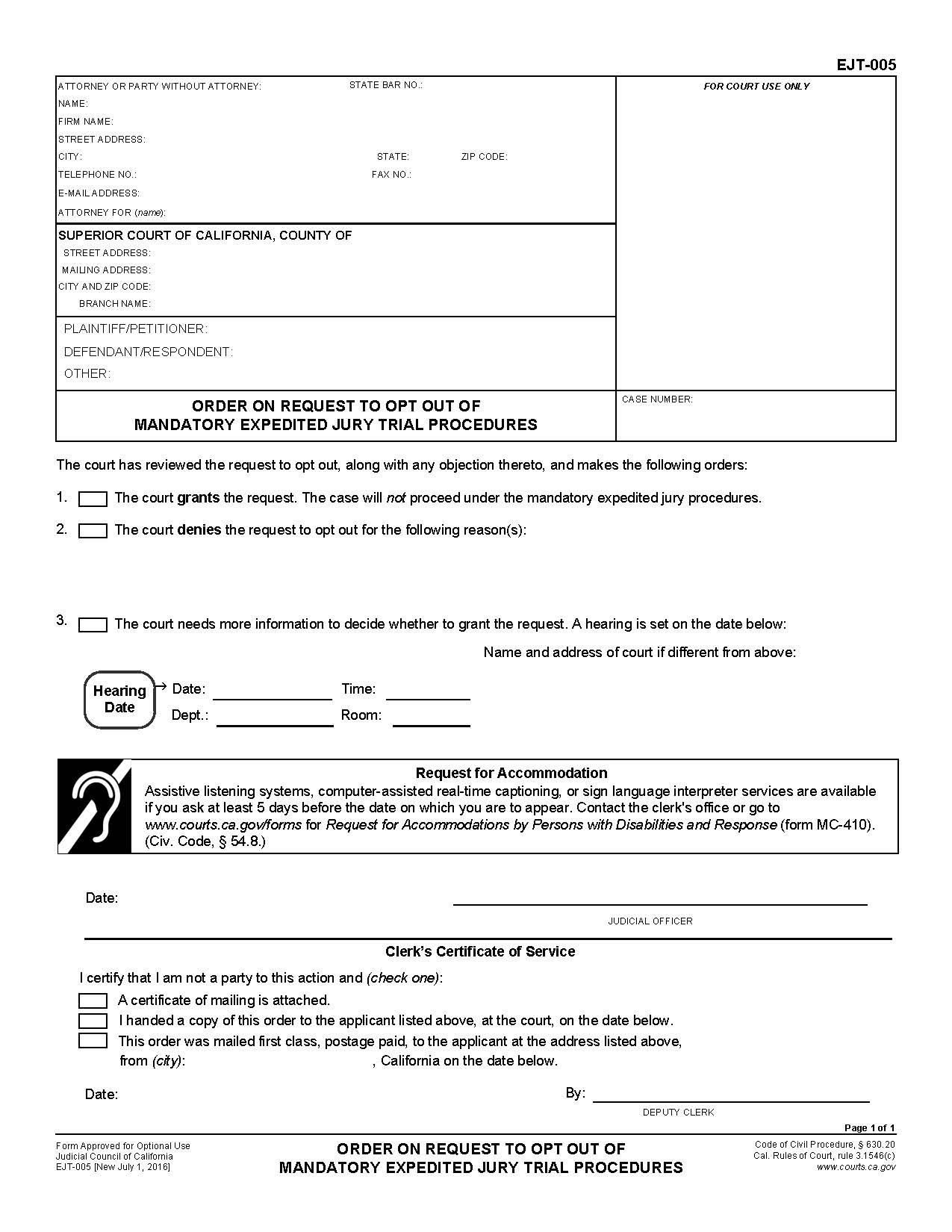 Order On Request To Opt Out Of Mandatory Expedited Jury Trial Procedures {EJT-005} | Pdf Fpdf Doc Docx | California