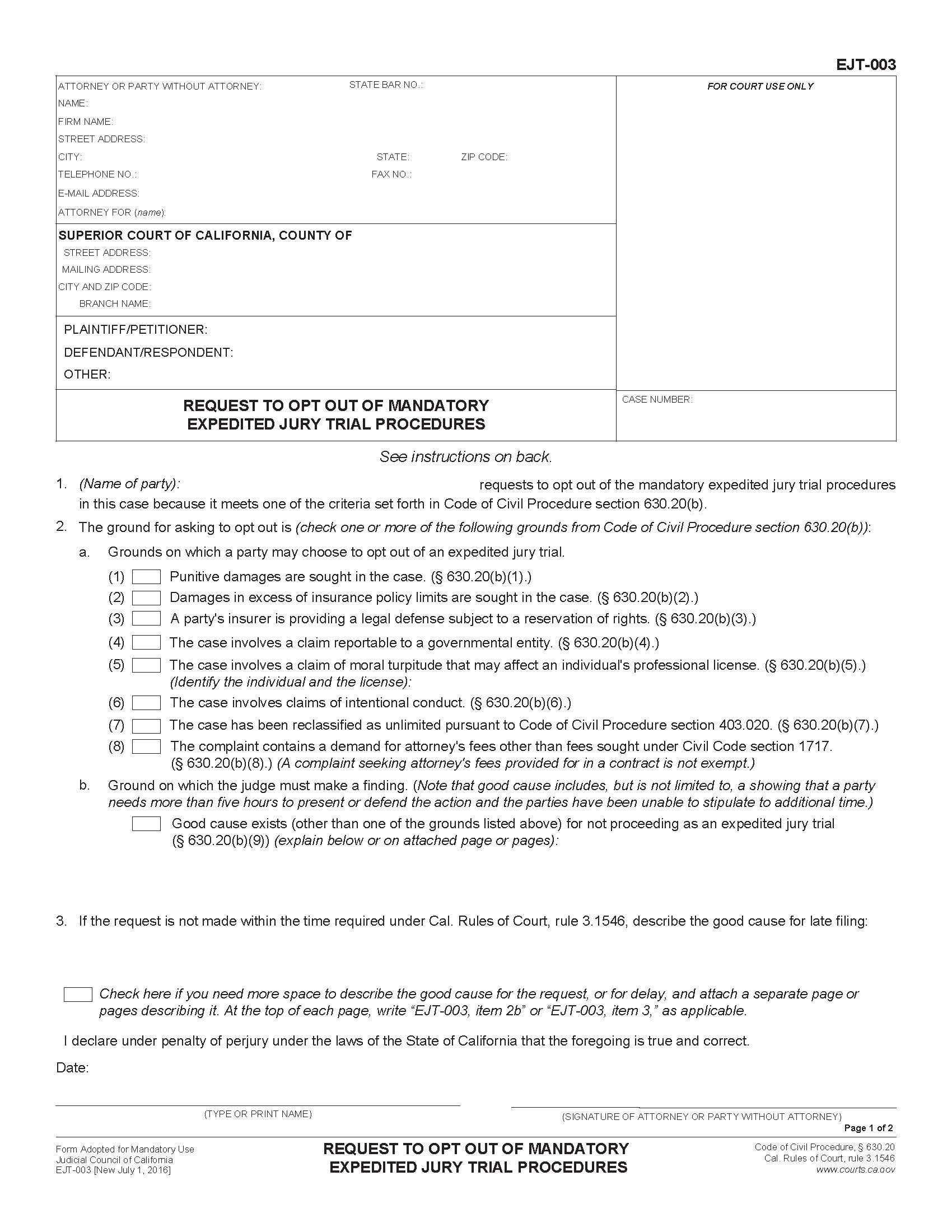 Request To Opt Out Of Mandatory Expedited Jury Trial Procedures {EJT-003} | Pdf Fpdf Doc Docx | California