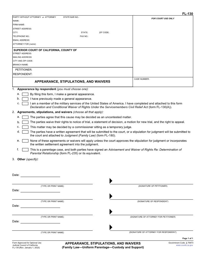 Appearance Stipulations And Waivers (Family Law-Uniform Parentage-Custody And Support) {FL-130} | Pdf Fpdf Doc Docx | California
