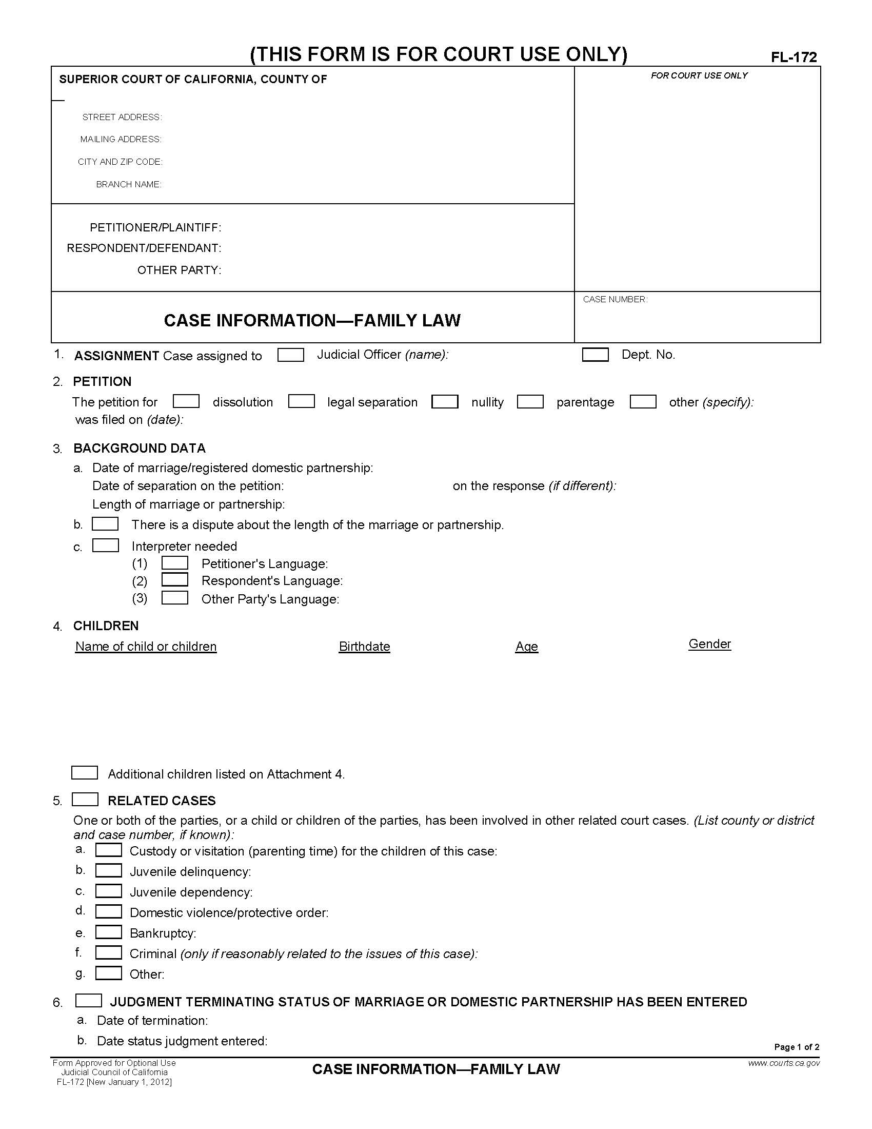 Case Information-Family Law {FL-172} | Pdf Fpdf Doc Docx | California