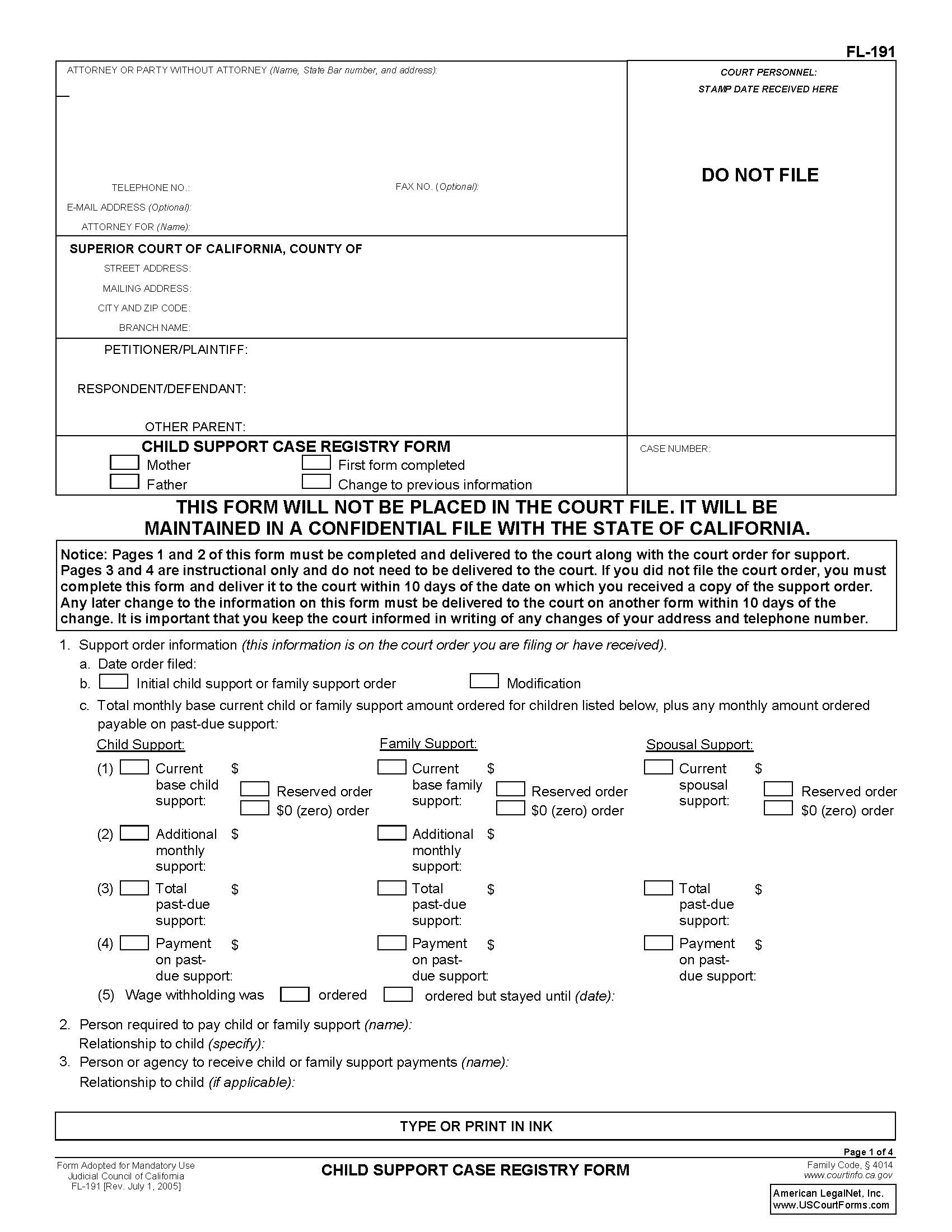 Child Support Case Registry Form {FL-191} | Pdf Fpdf Doc Docx | California