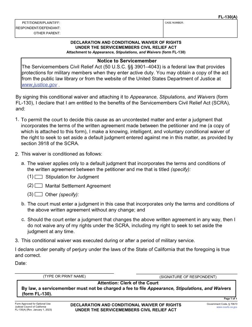 Declaration And Conditional Waiver Of Rights Under The Servicemembers Civil Relief Act Of 2003 {FL-130(A)} | Pdf Fpdf Doc Docx | California