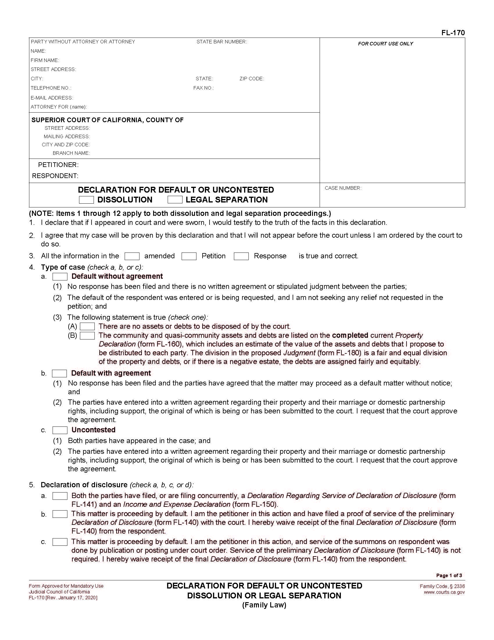 Declaration For Default Or Uncontested Dissolution Or Legal Separation (Family Law) {FL-170} | Pdf Fpdf Doc Docx | California